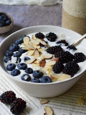Close-up of a blended cottage cheese bowl with fruit and nuts on top.