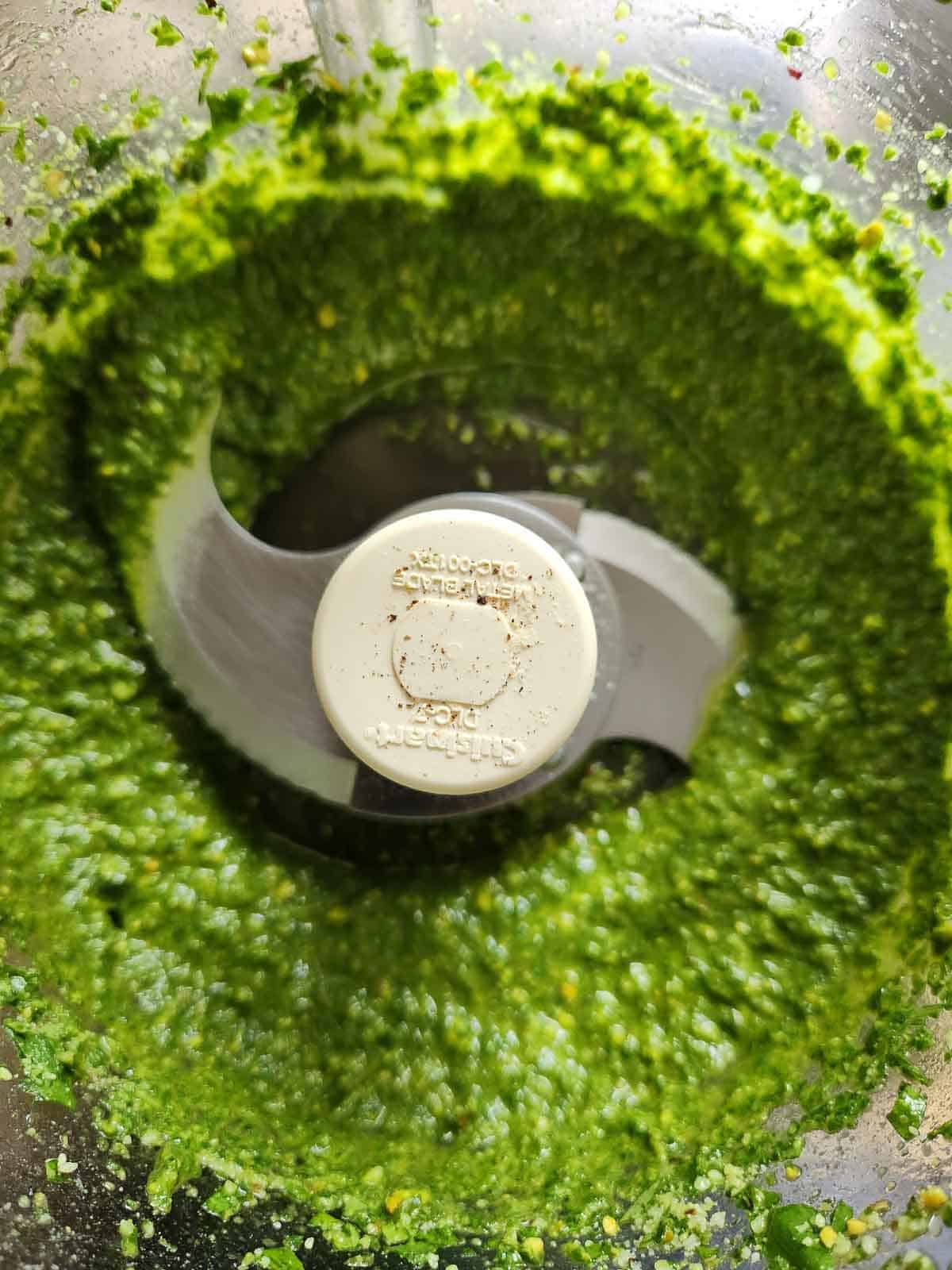 Pesto blended in a food processor.