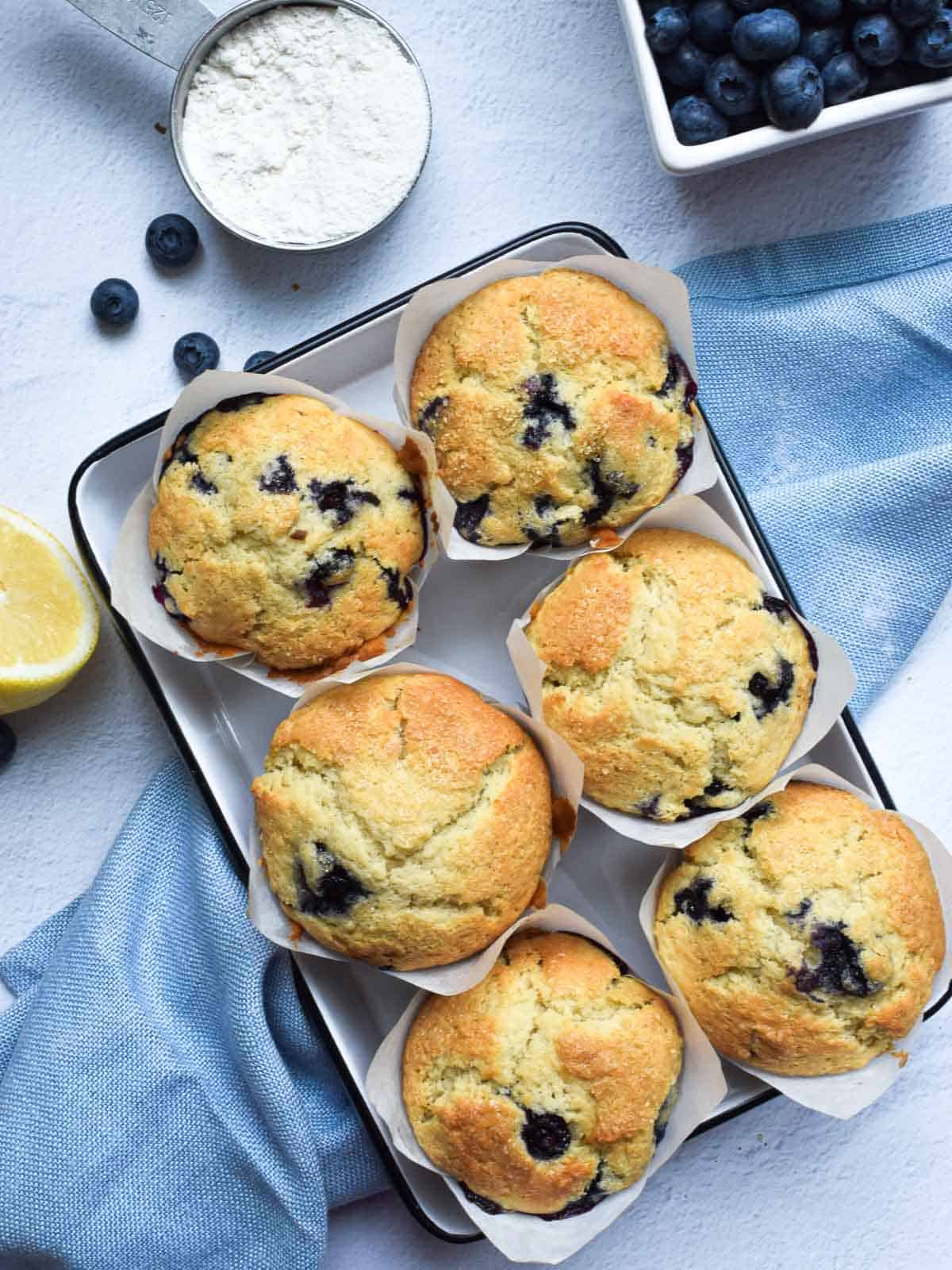 Overview image of blueberry lemons muffins on a white background with blueberries scattered next to a blue napkin.