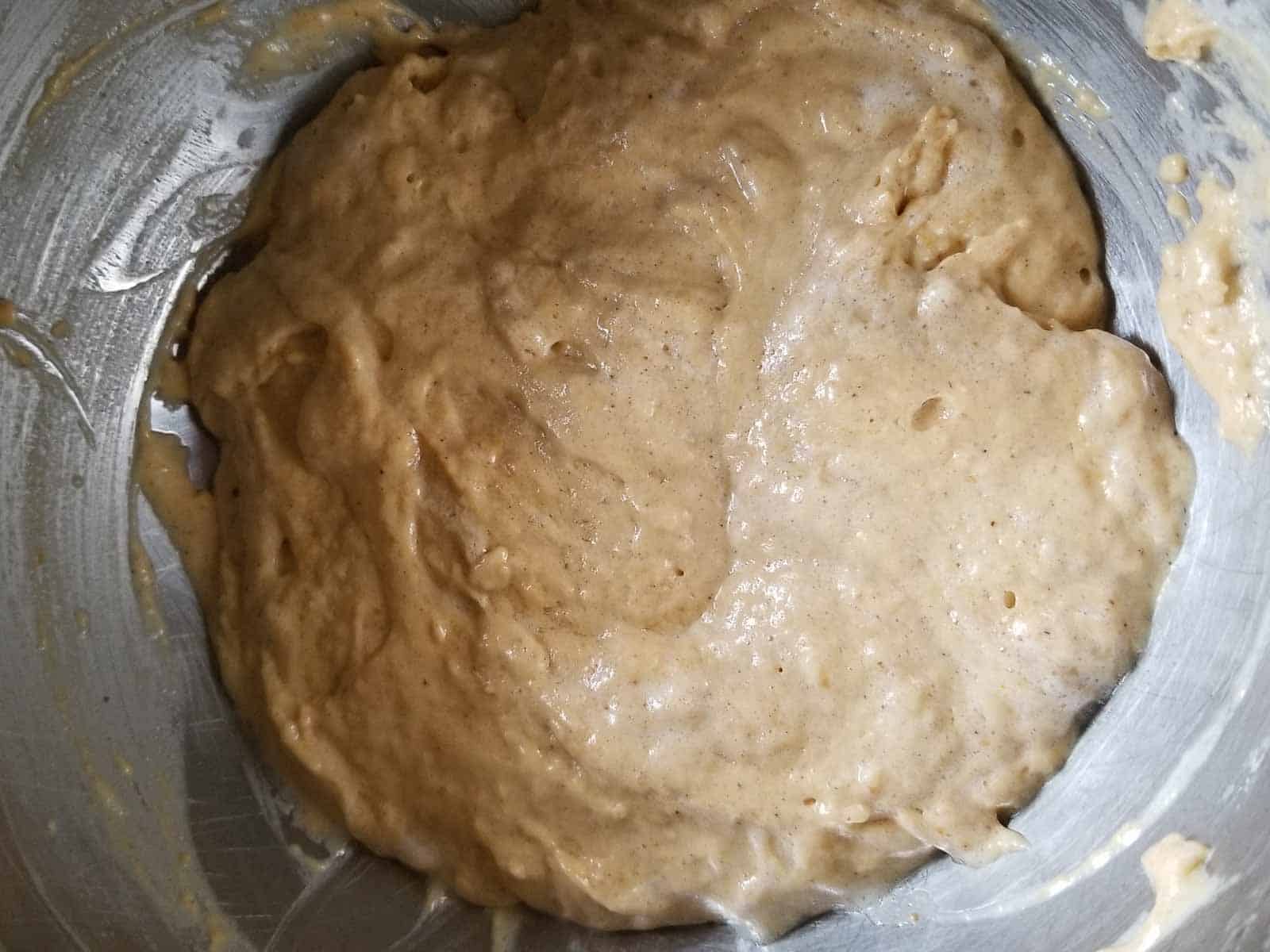Mixed raw batter for belgian style pumpkin style waffles.