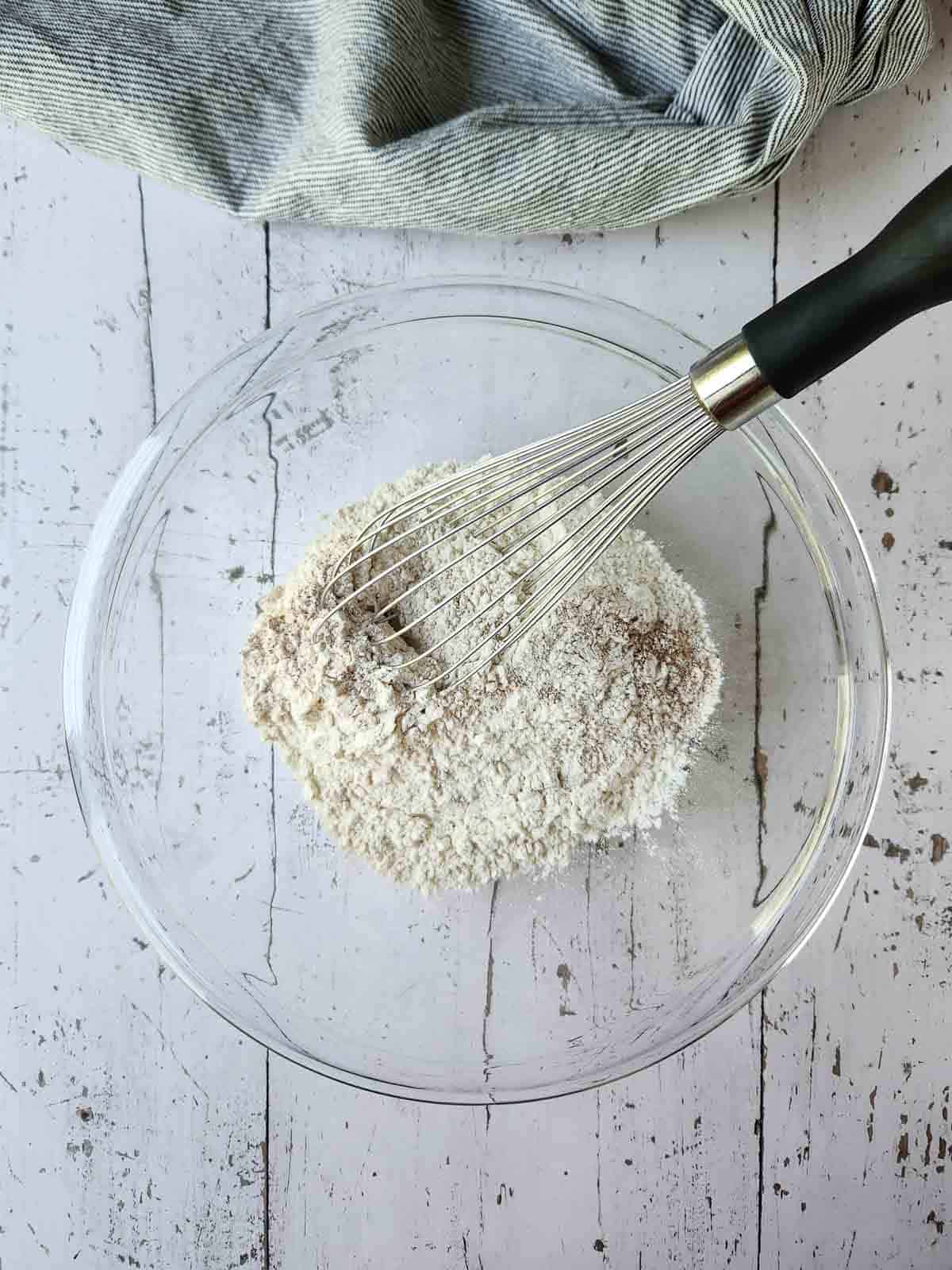 Dry ingredients mixed in a bowl for muffins.