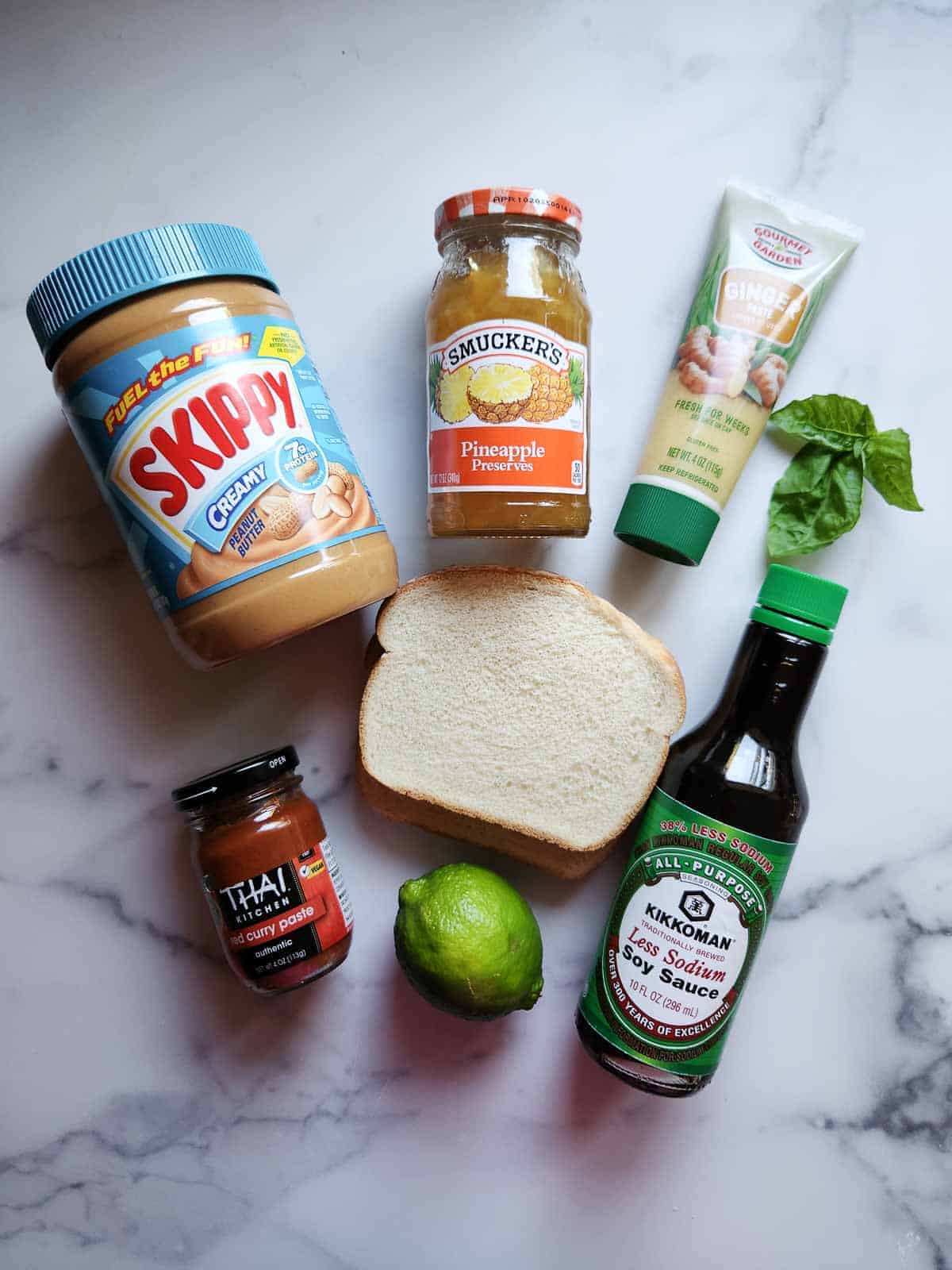 Ingredients for Thai peanut butter and jelly sandwich.