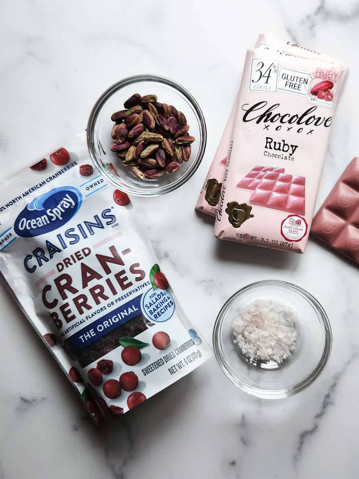 Ingredients for ruby chocolate bark.