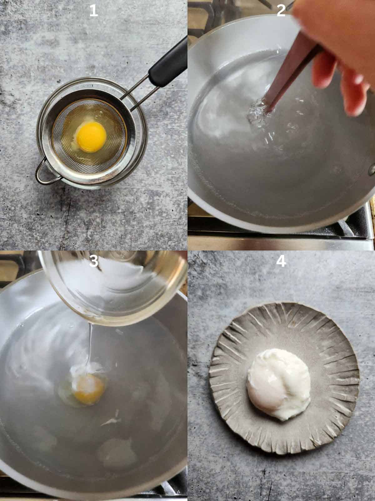 Collage of 4 images showing how to poach an egg.