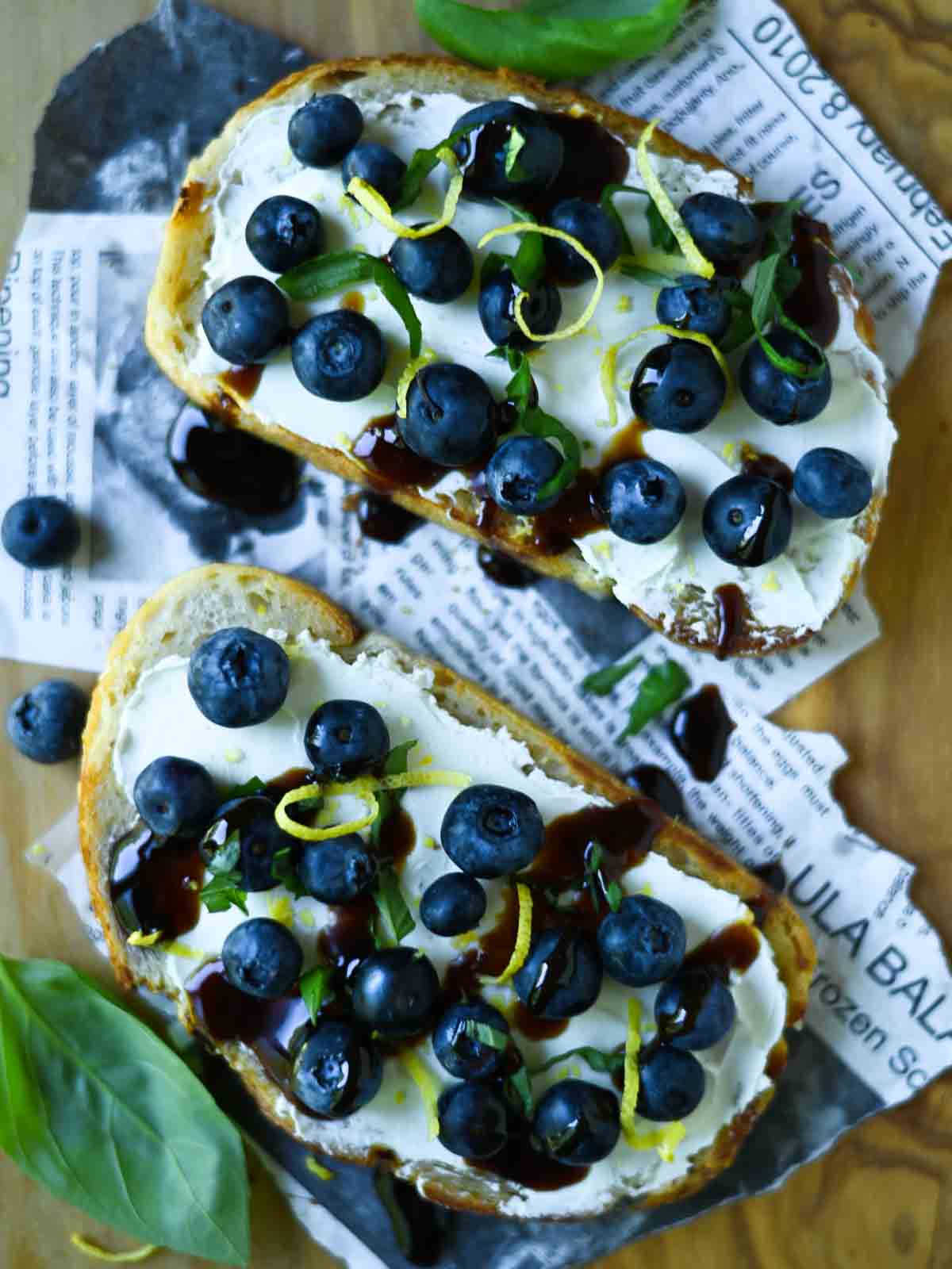 Overview of blueberry toast on a cutting board.