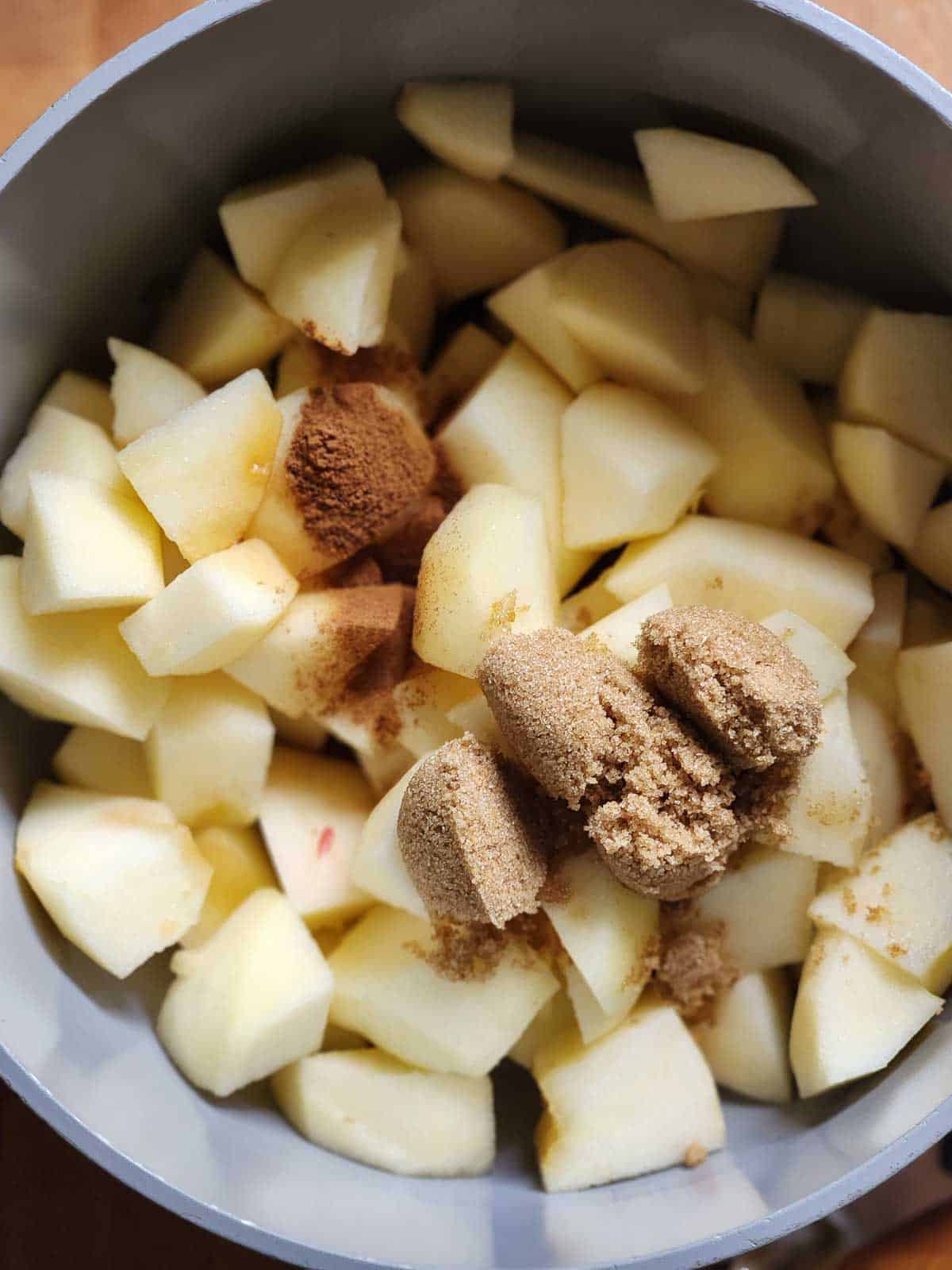 Ingredients for Honeycrisp applesauce in a pot.