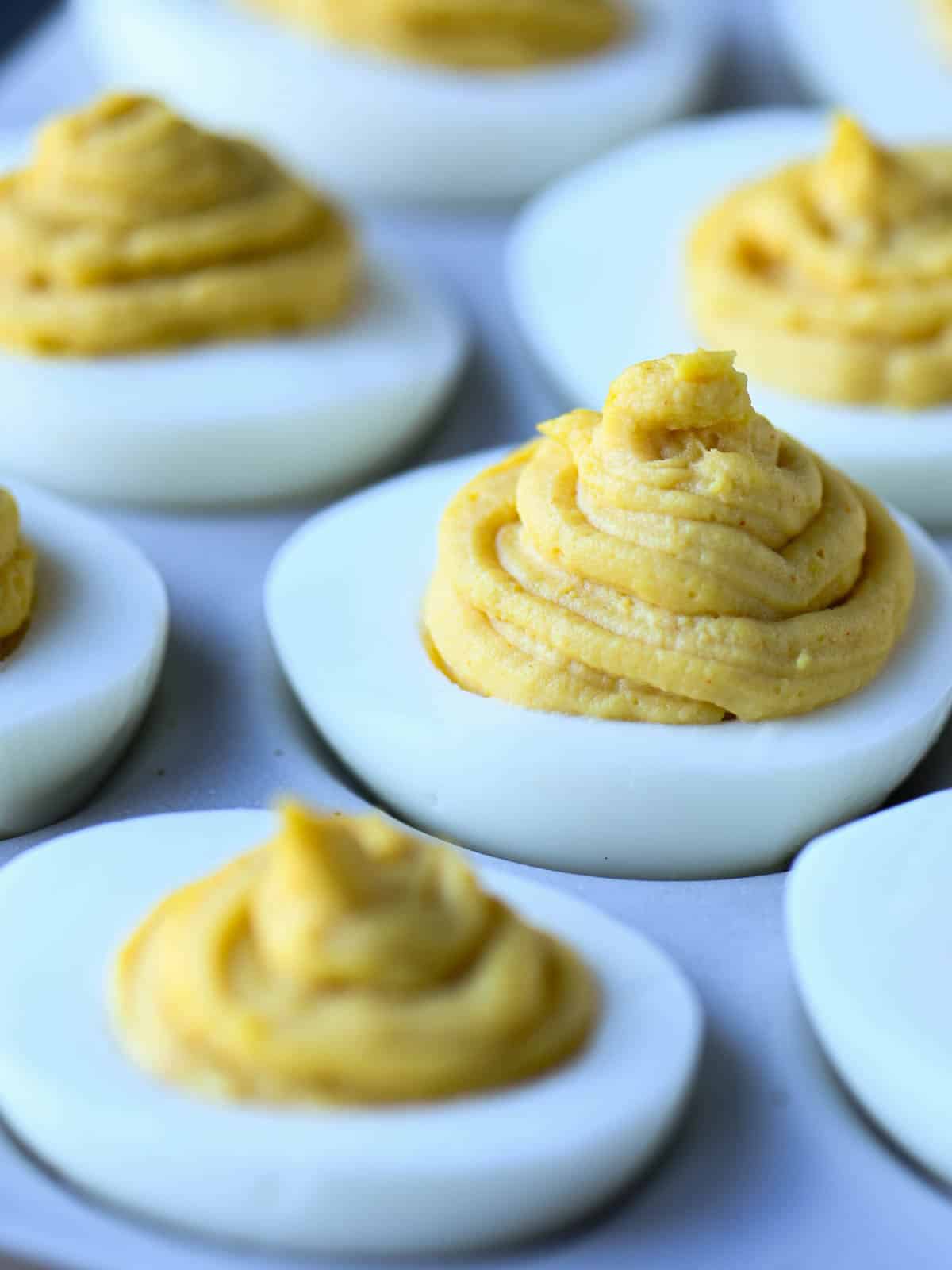 Close up of deviled eggs.
