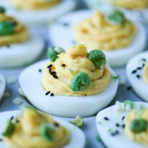 Close up of wasabi topped deviled eggs.