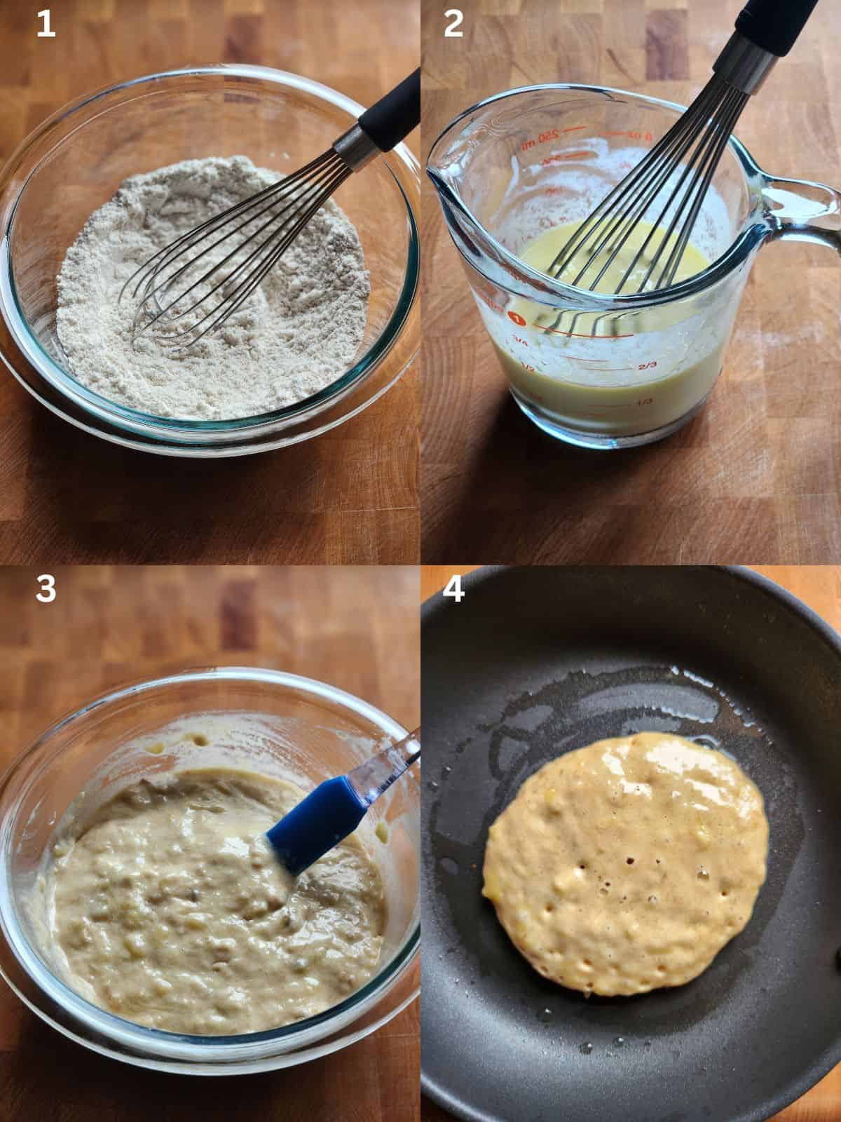 A collage of four directions showing how to make banana pancakes.