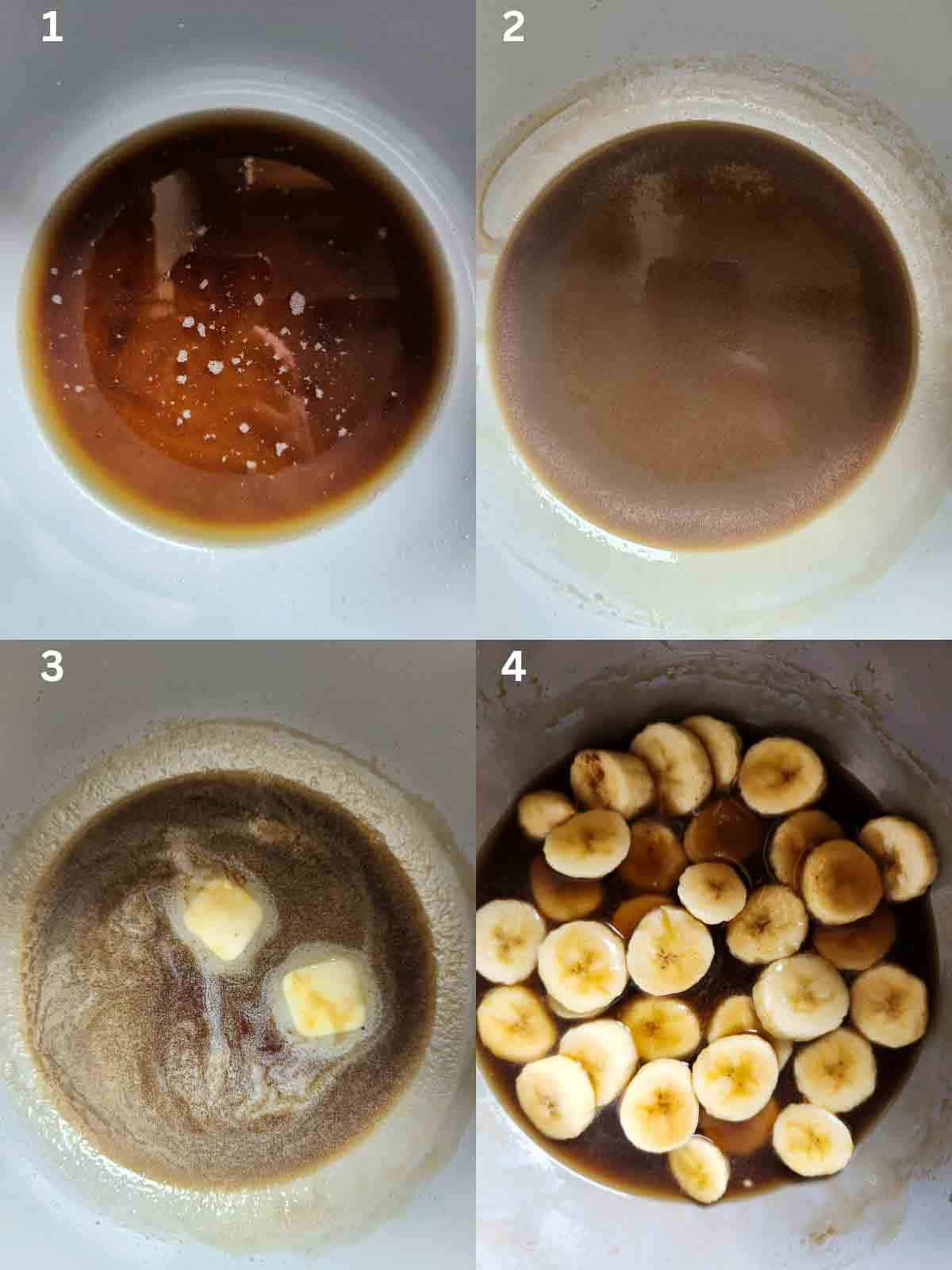 A collage of four images with instructions for making banana compote.