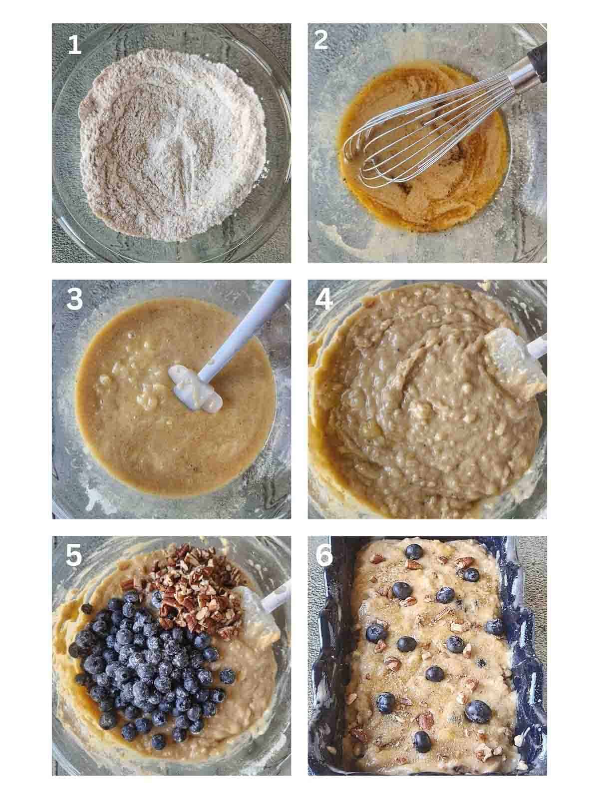 A grid of six pictures showing how to make banana bread in a bowl.