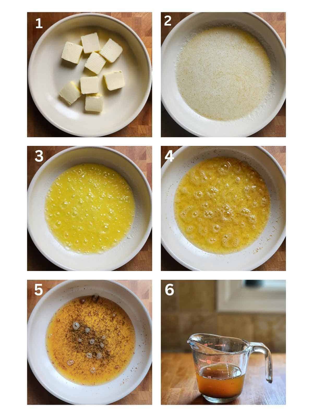 A collage of six steps for making brown butter in a pan.