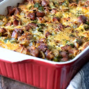 Close-up of strata in a red baking dish.