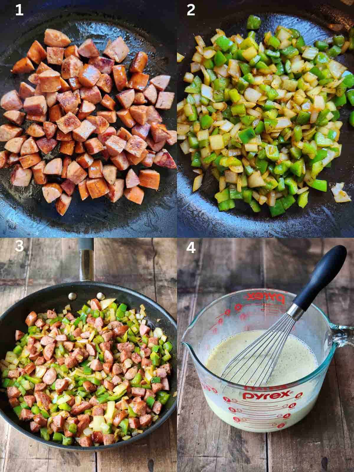 A collage of four cooking steps for making sausage strata.