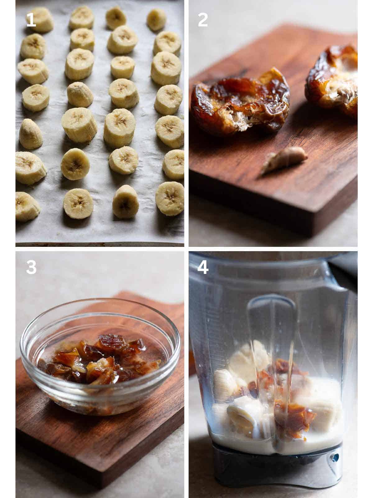 Collage of four images showing how to make a smoothie.