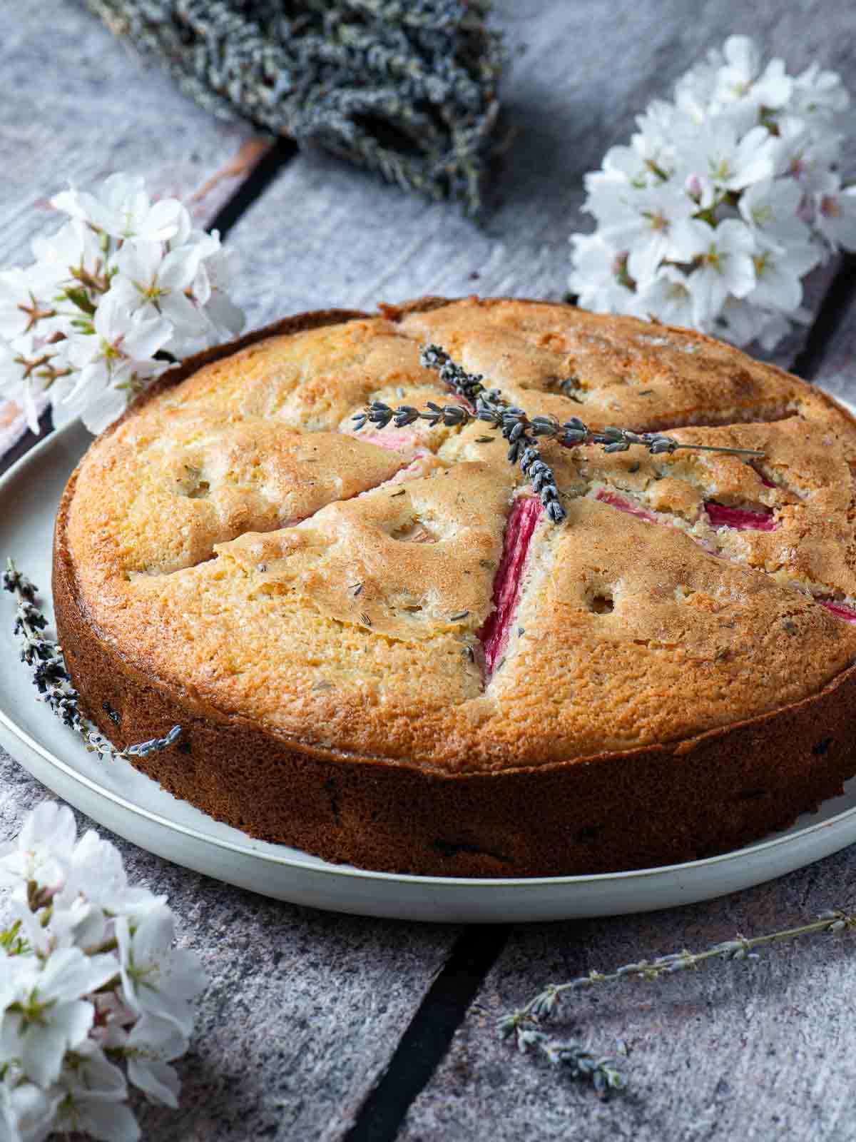 Lavender rhubarb cake on a white plate surrounded by flowers.
