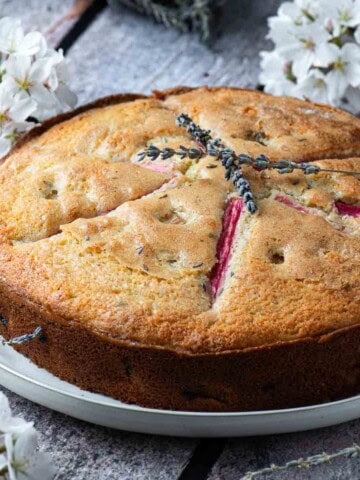 Lavender rhubarb cake on a white plate surrounded by flowers.