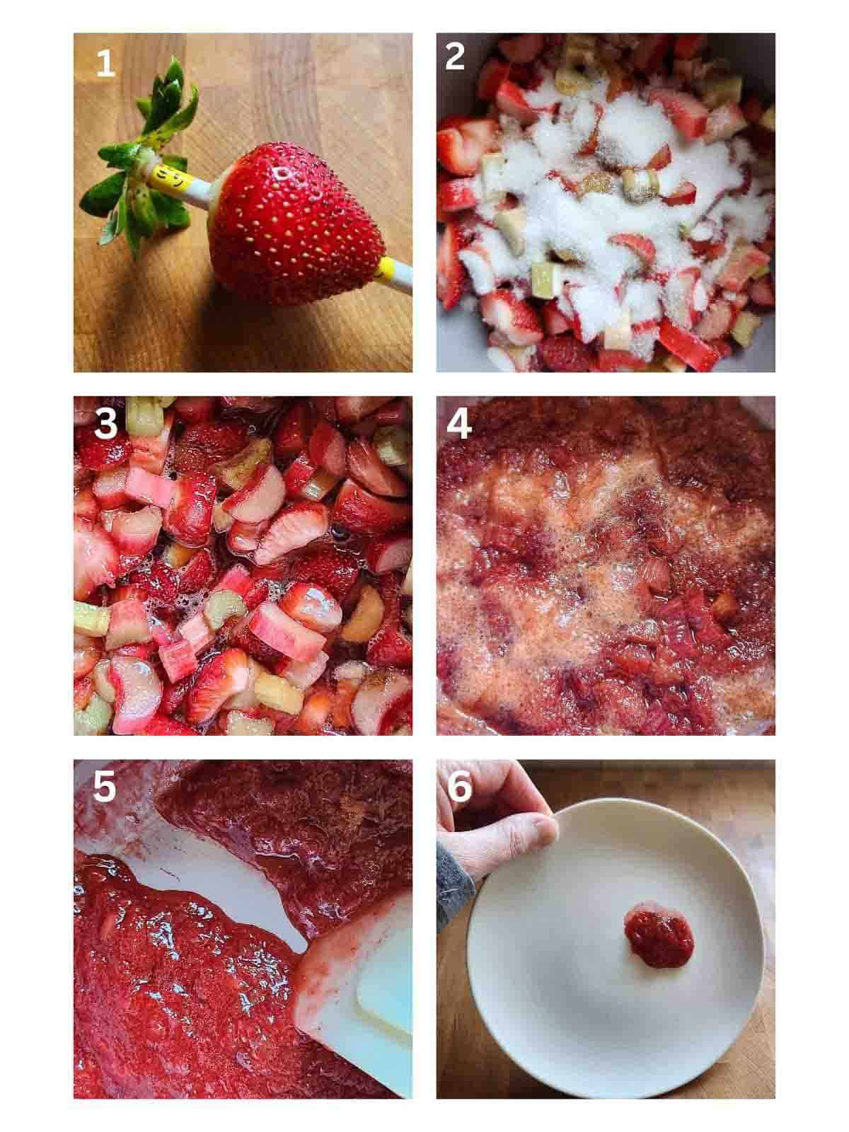 A collage of six images showing how to cook fruit jam in a pot.
