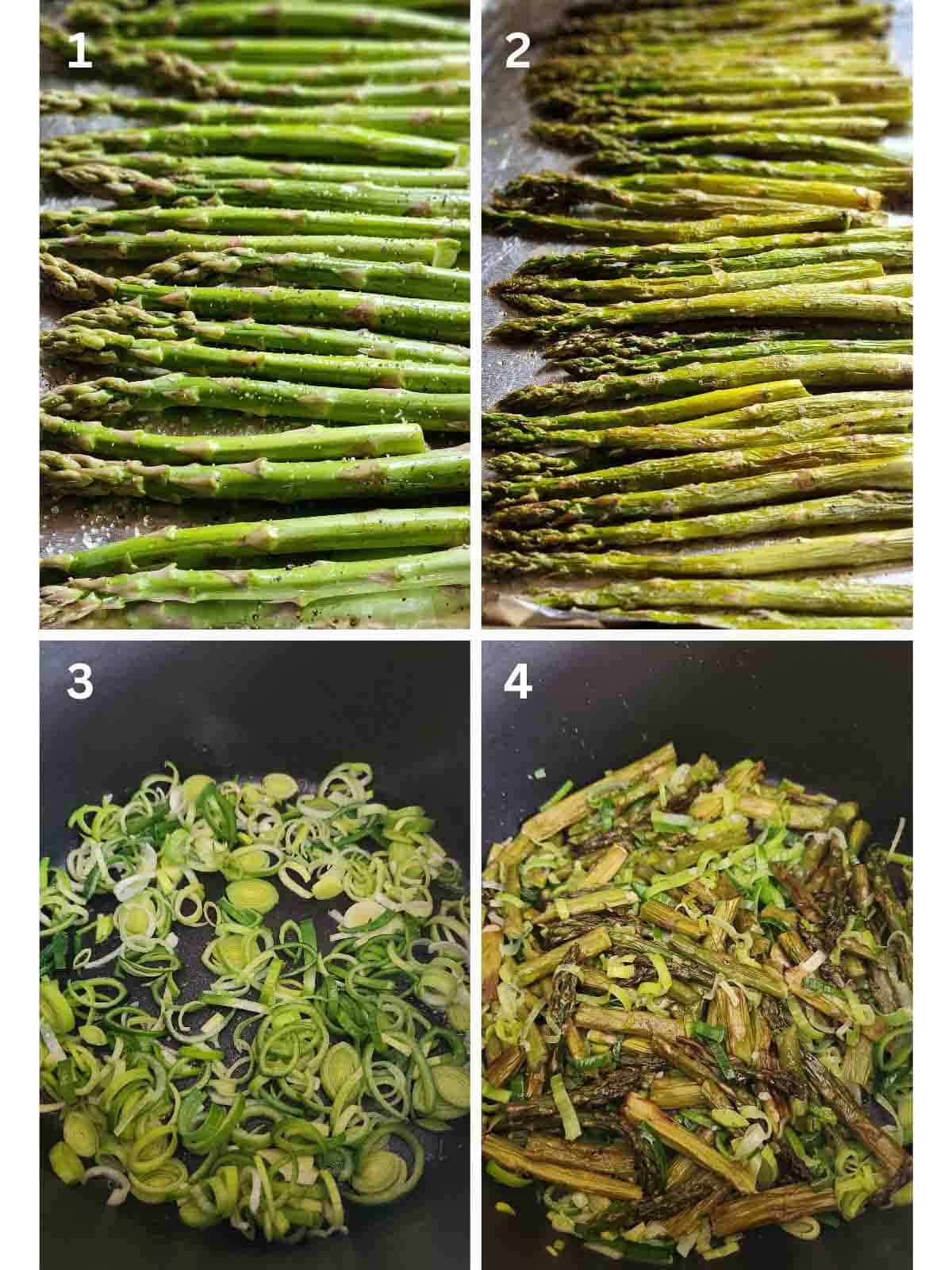 A collage of steps to make asparagus leek soup.