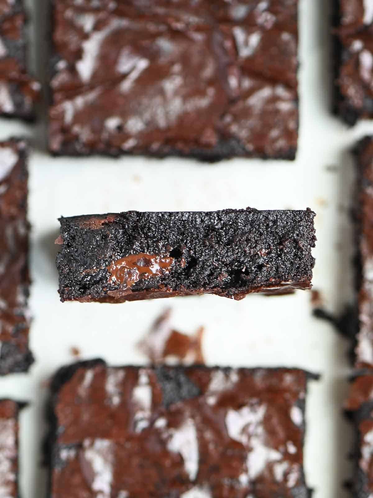 A close up of a square of brownies.