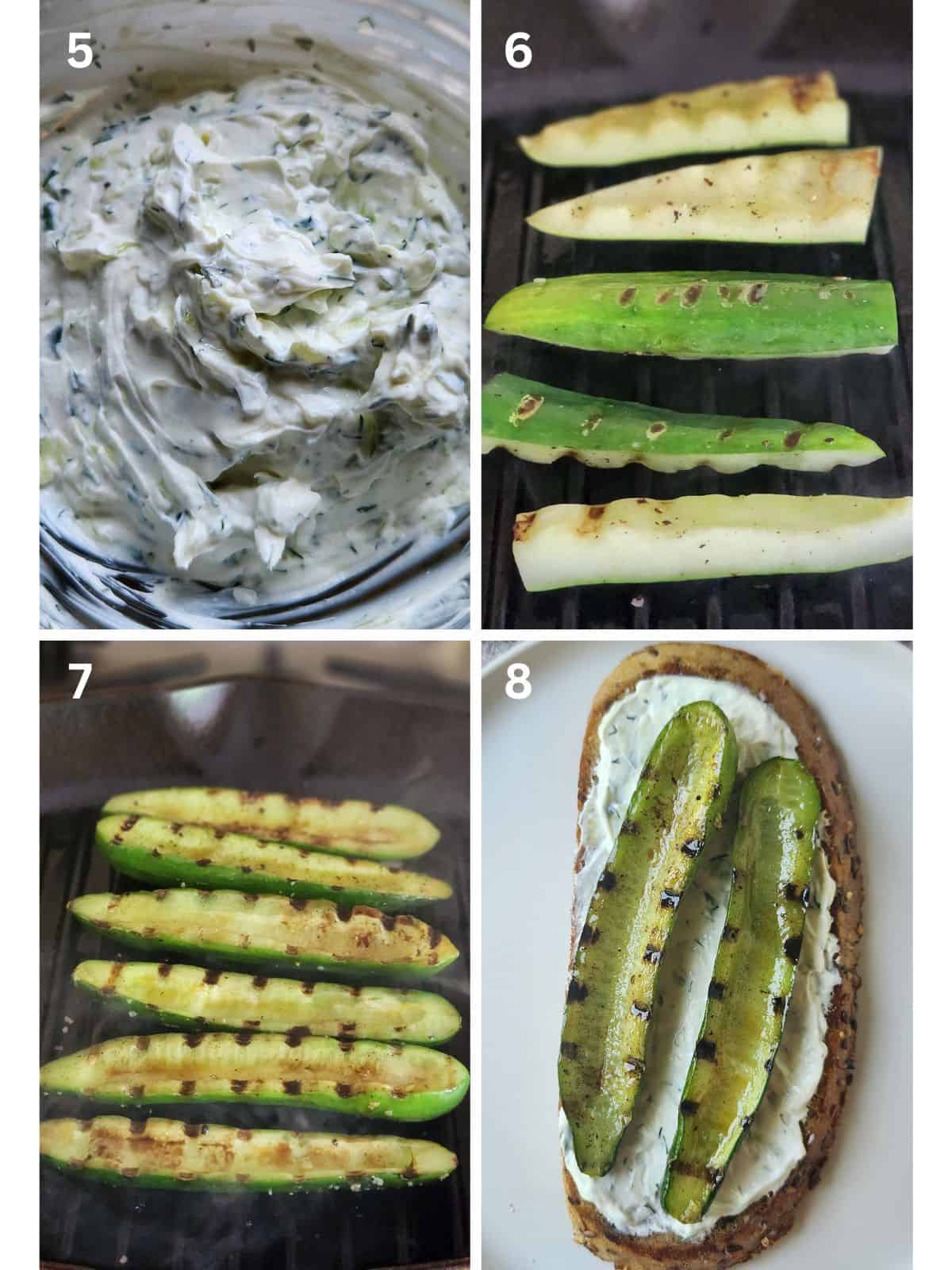 A collage of four images showing how to grill cucumbers on the stove.