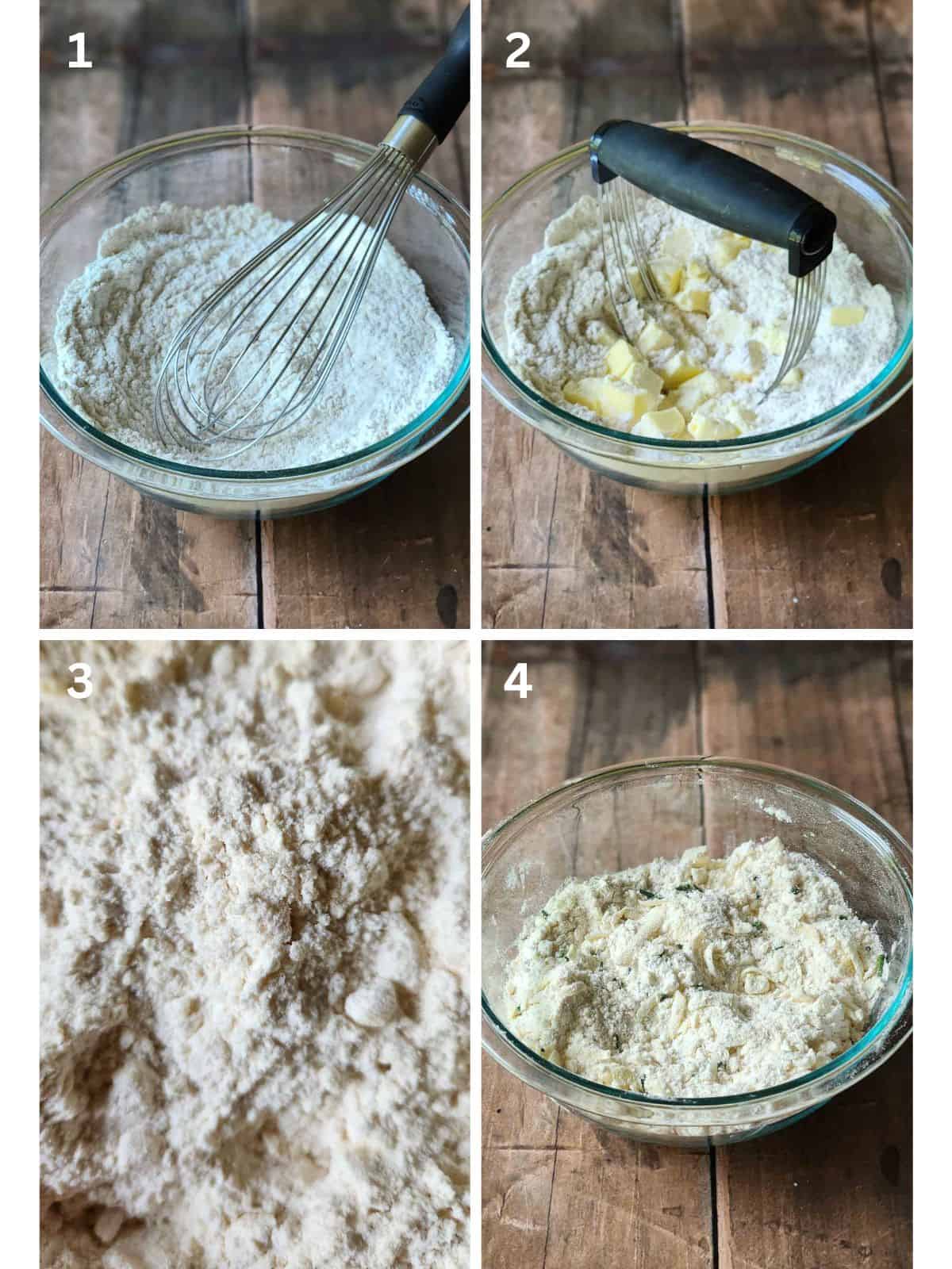 Collage of 4 pictures showing the steps to making scone dough.