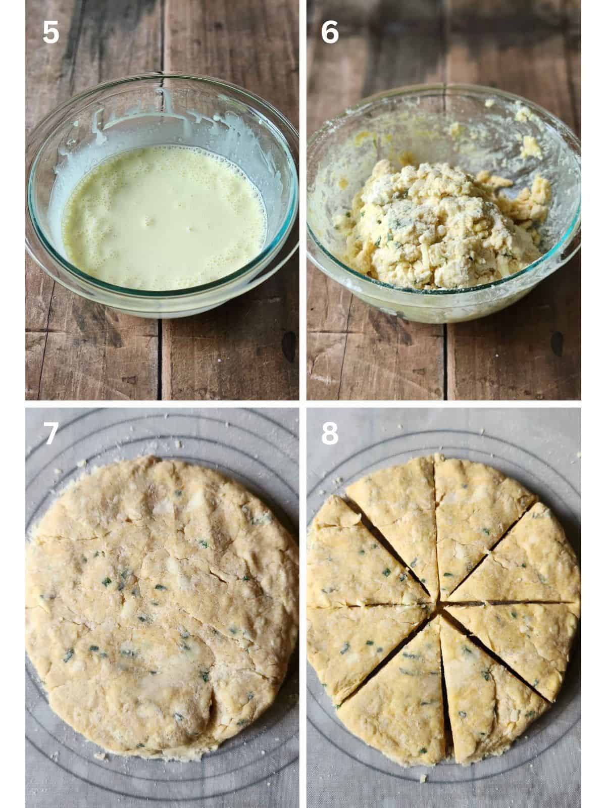 A collage of four pictures showing how to make scone dough.