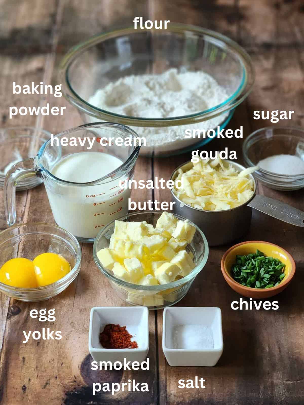 Ingredients in bowls labeled.