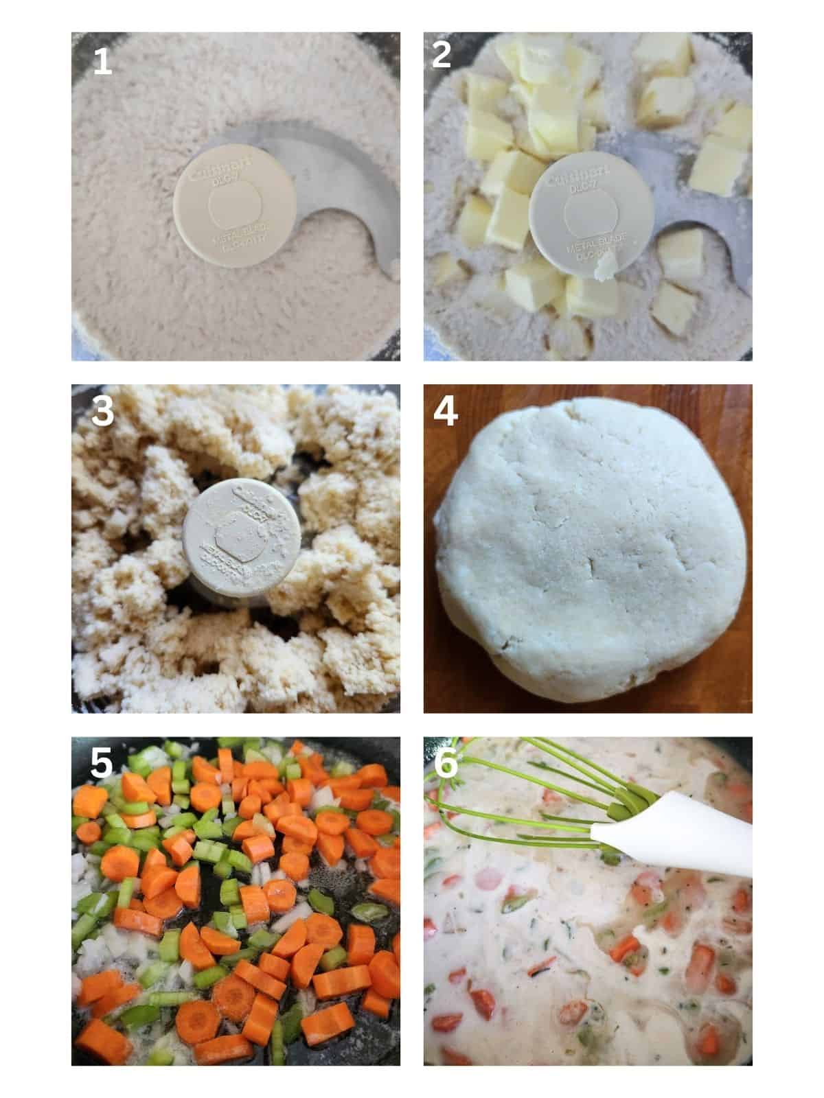 A collage of six images showing how to make dough for chicken pot pie.