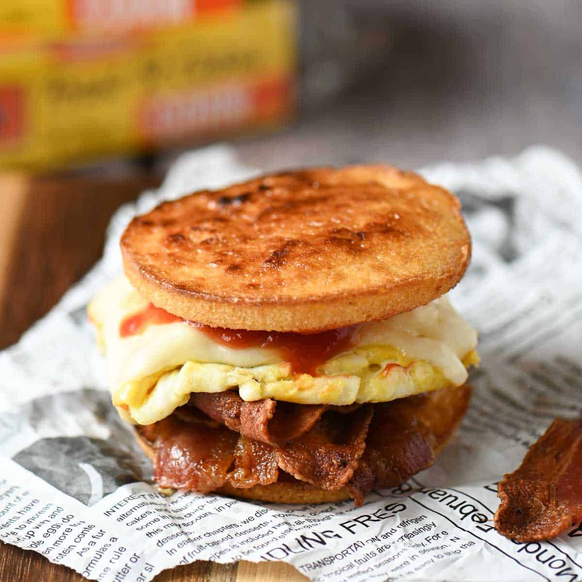 A breakfast sandwich on deli paper with eggs, bacon, and cheese.