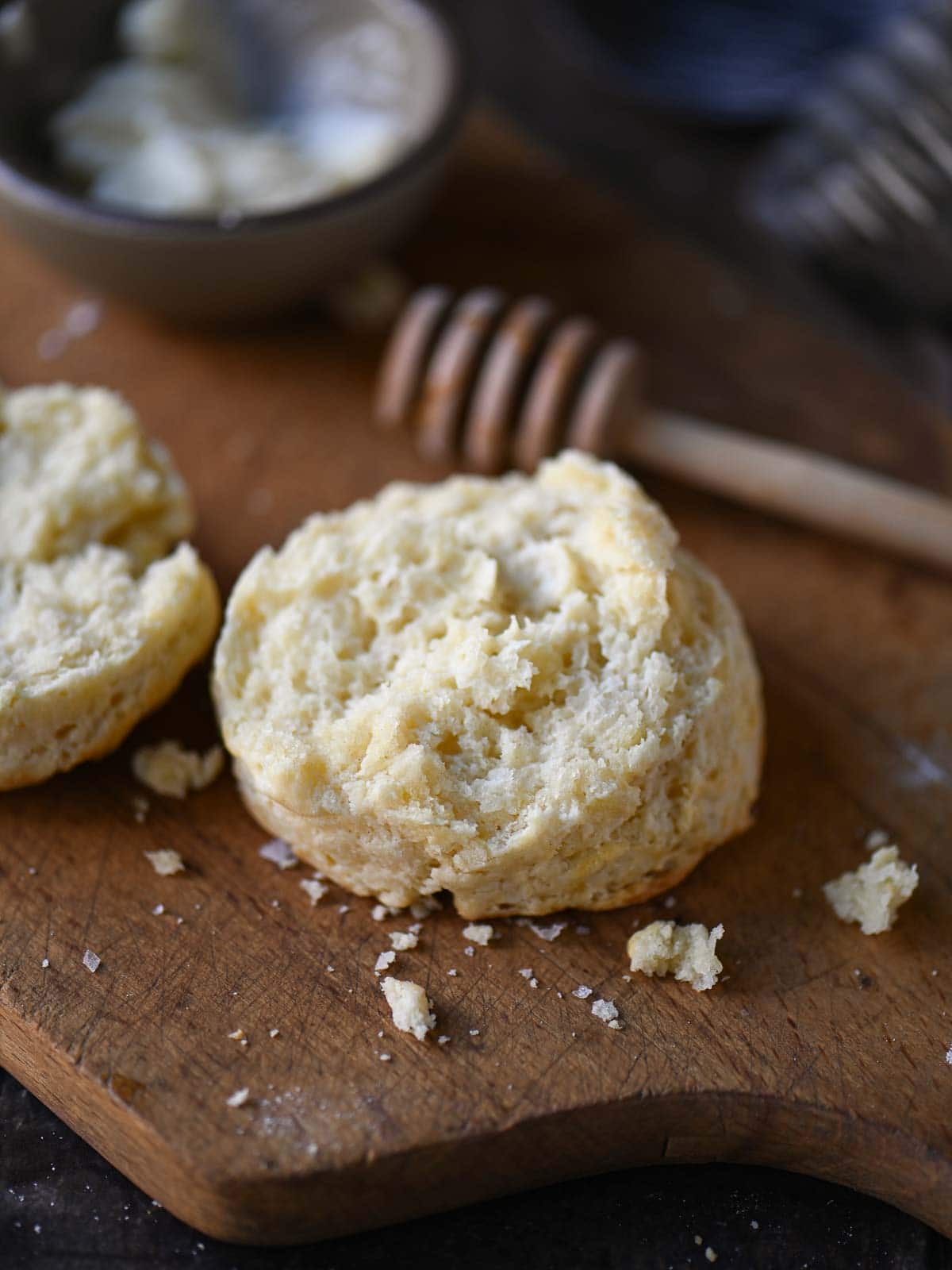 Close-up showing a cut biscuit showing it's fluffy texture.