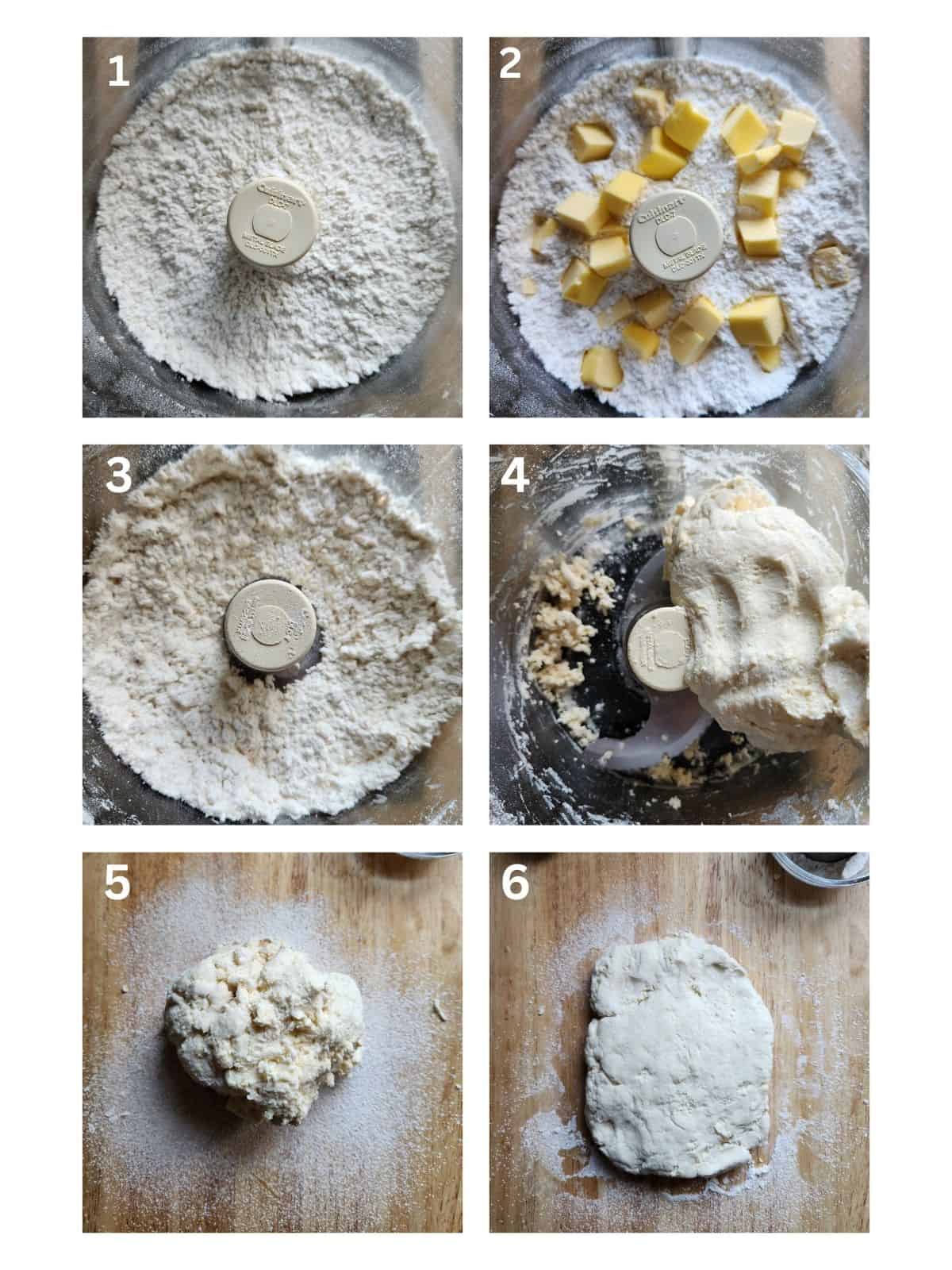 A six picture collage showing how to make biscuit dough.