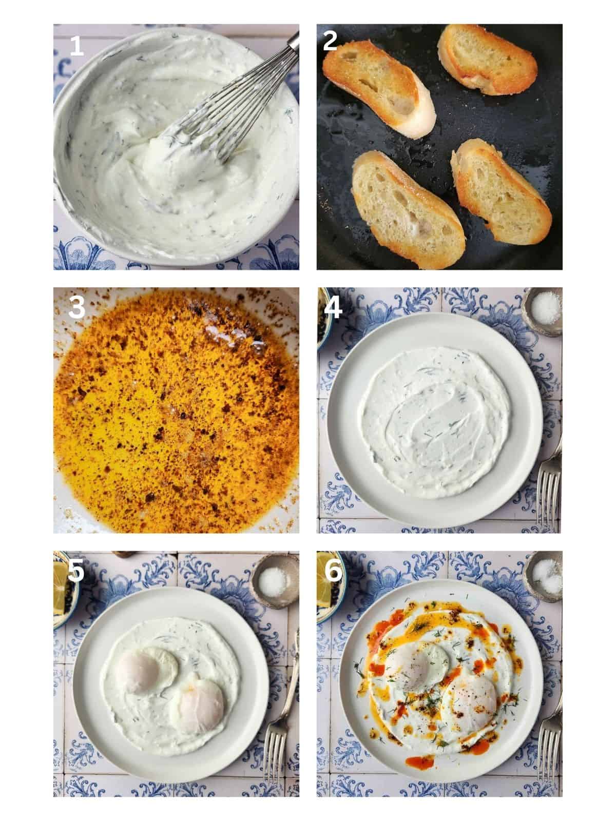 A collage of six images showing how to make chili poached eggs.