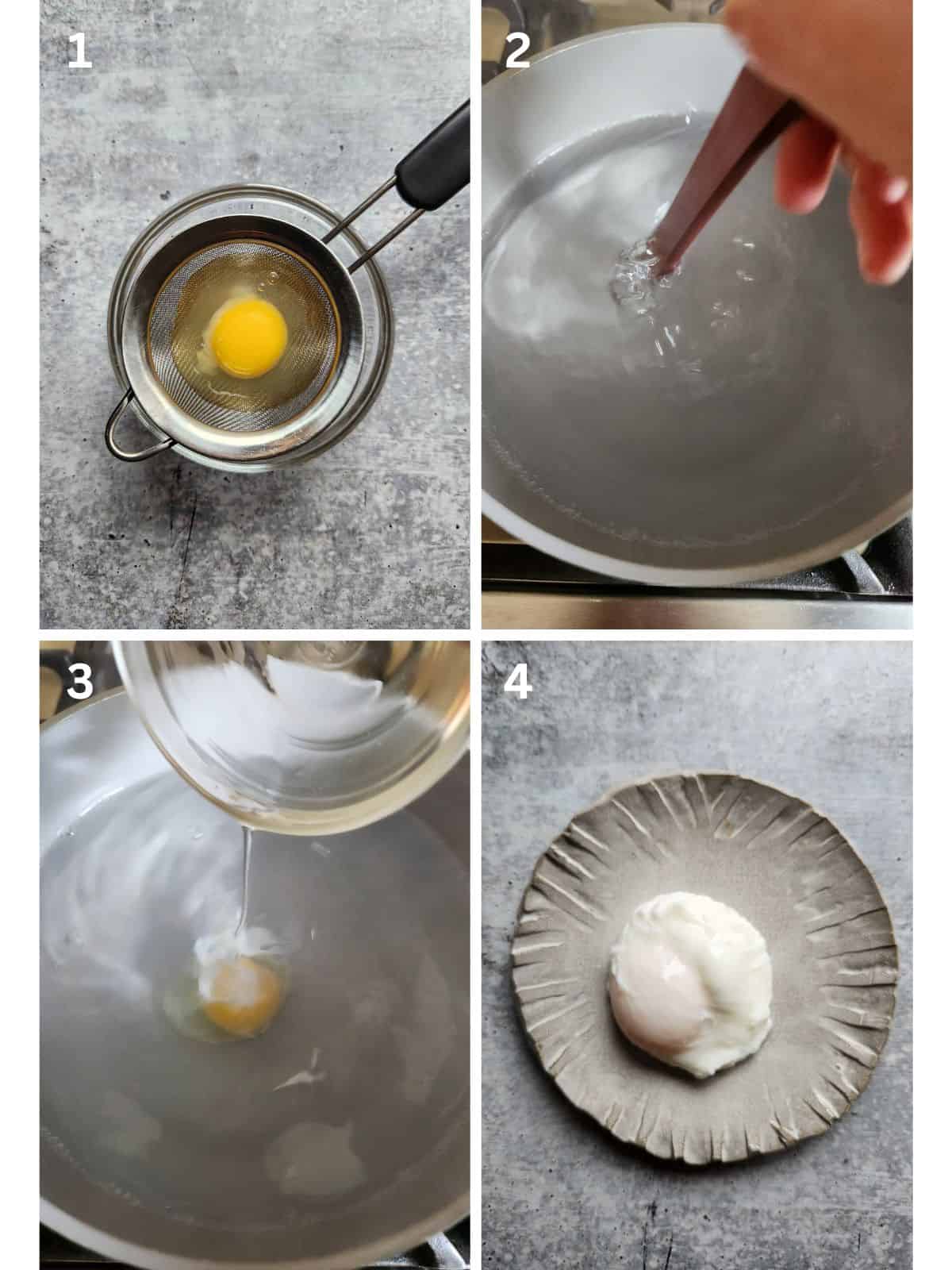 A collage of four images showing how to poach eggs in a pot of water.