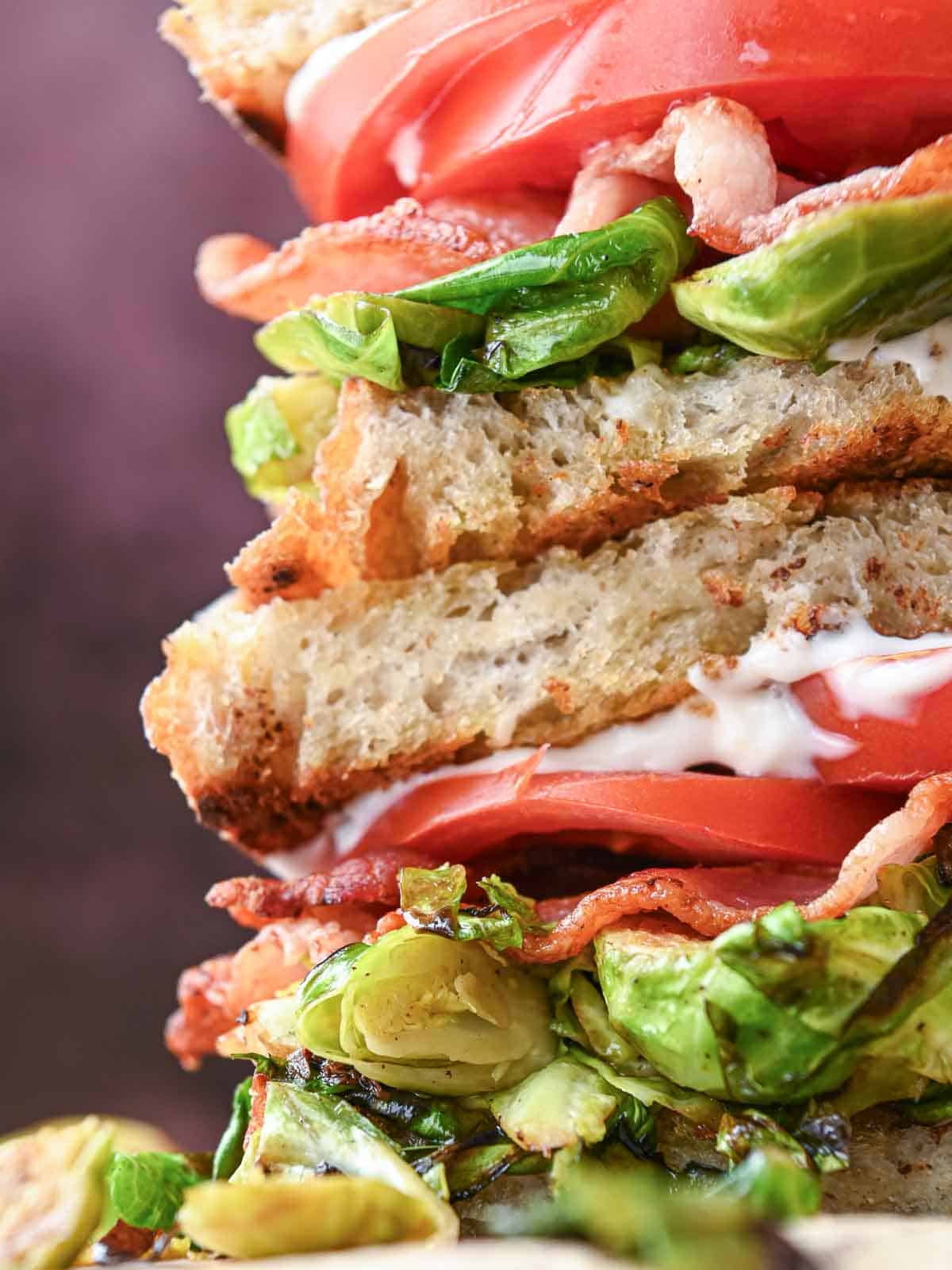 Close- up of a brussel sprout BLT sandwich.