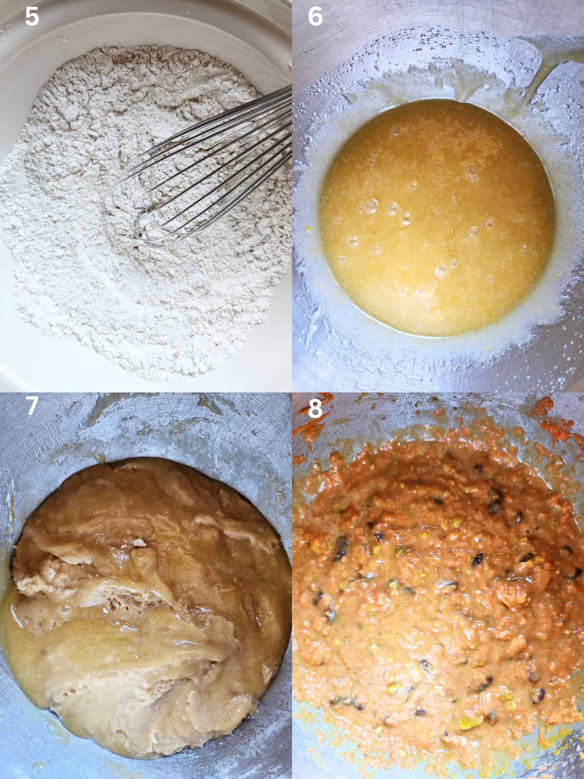 A collage of 4 pictures showing various stages of carrot cake batter in a bowl.