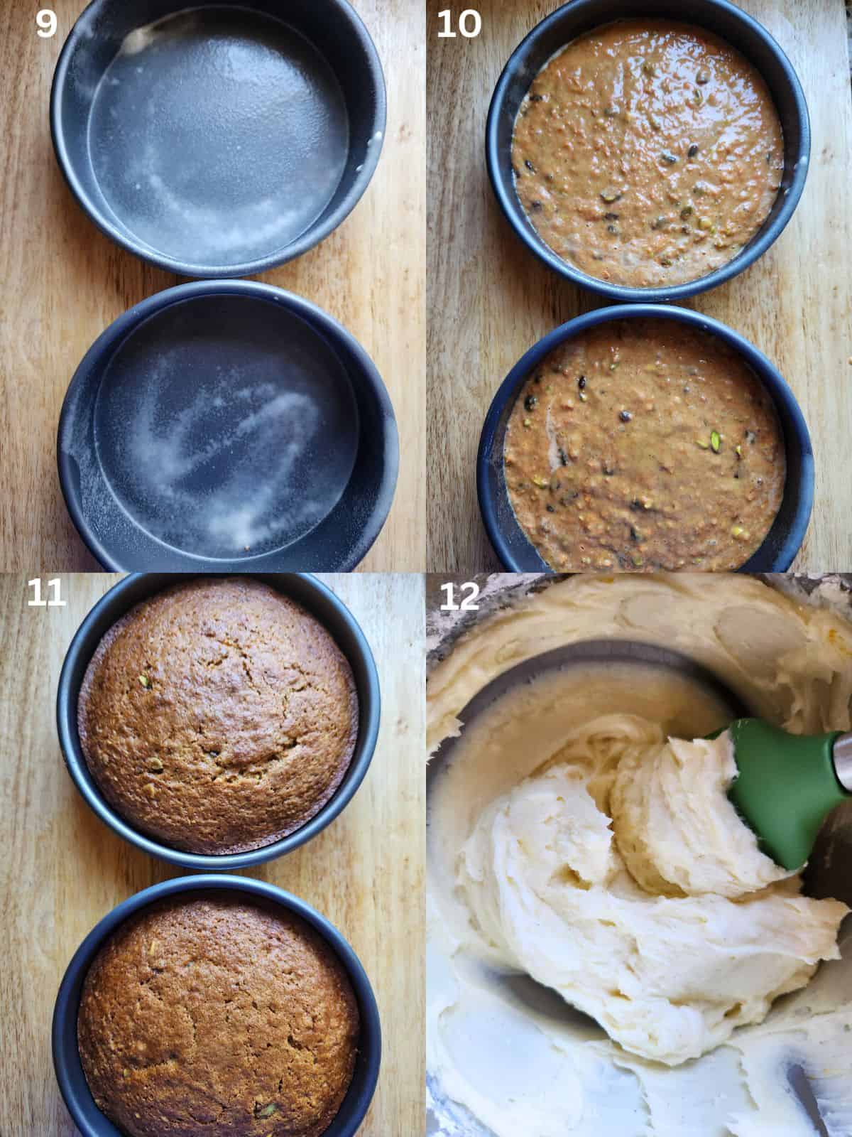 A collage of 4 pictures showing how to prepare pans for cake and the consistency of frosting.