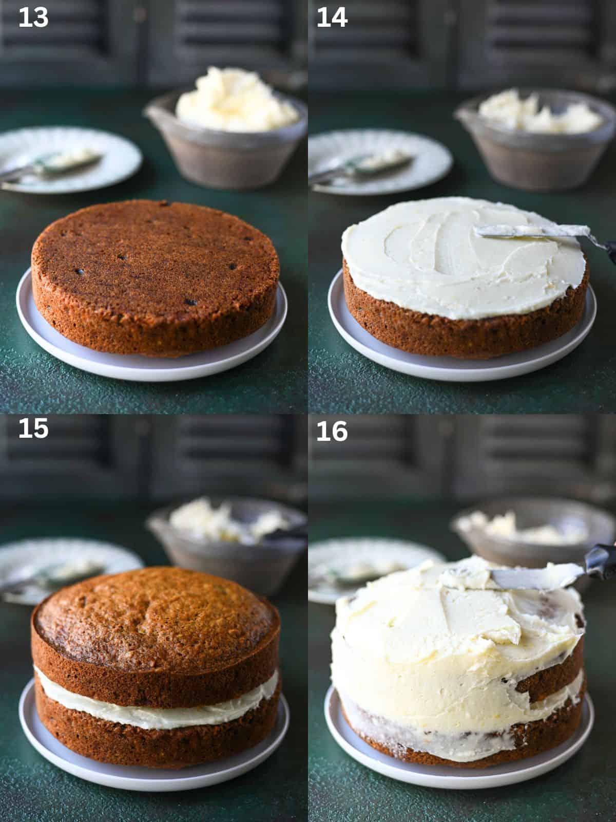 A collage of 4 pictures showing how to stack and frost a 2-layer carrot cake.