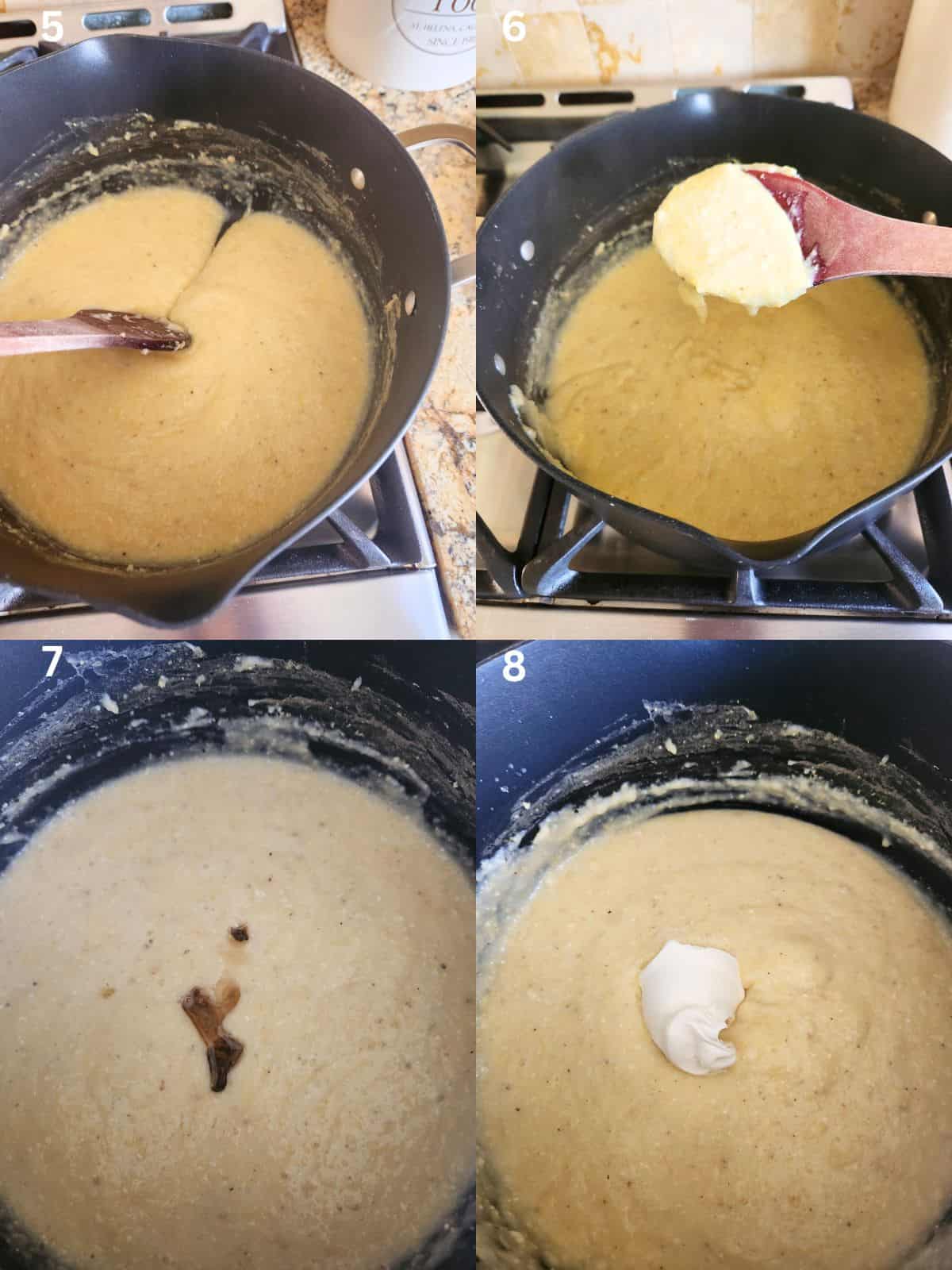 A collage of 4 images showing the consistency of cooked polenta in a black pot.