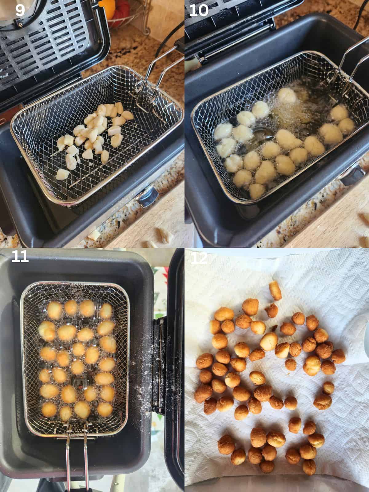 A collage of 4 picture showing how to fry small dough balls in an electric fryer.