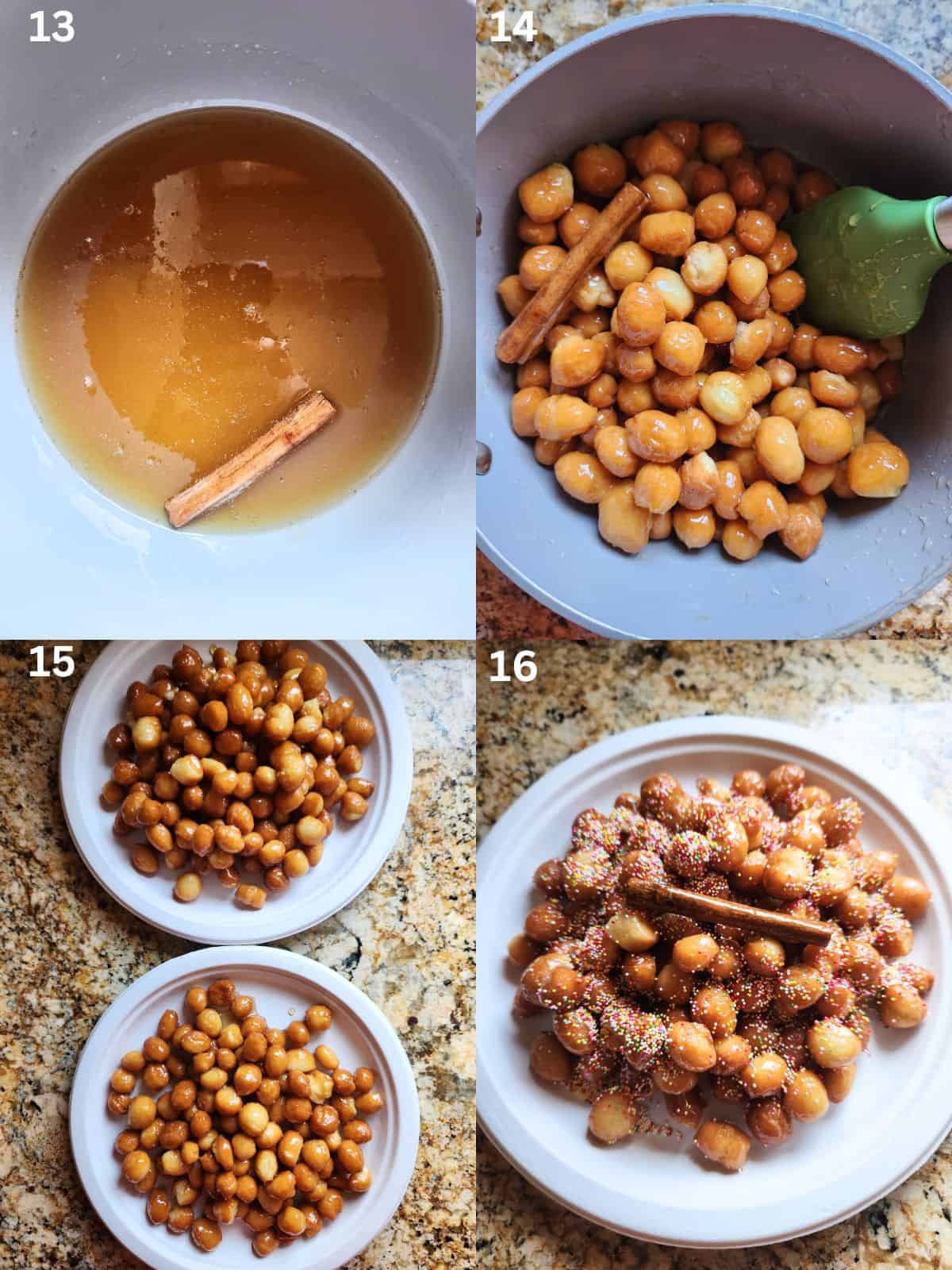 A collage of 4 pictures showing how to melt and mix dough balls in honey and plate them.