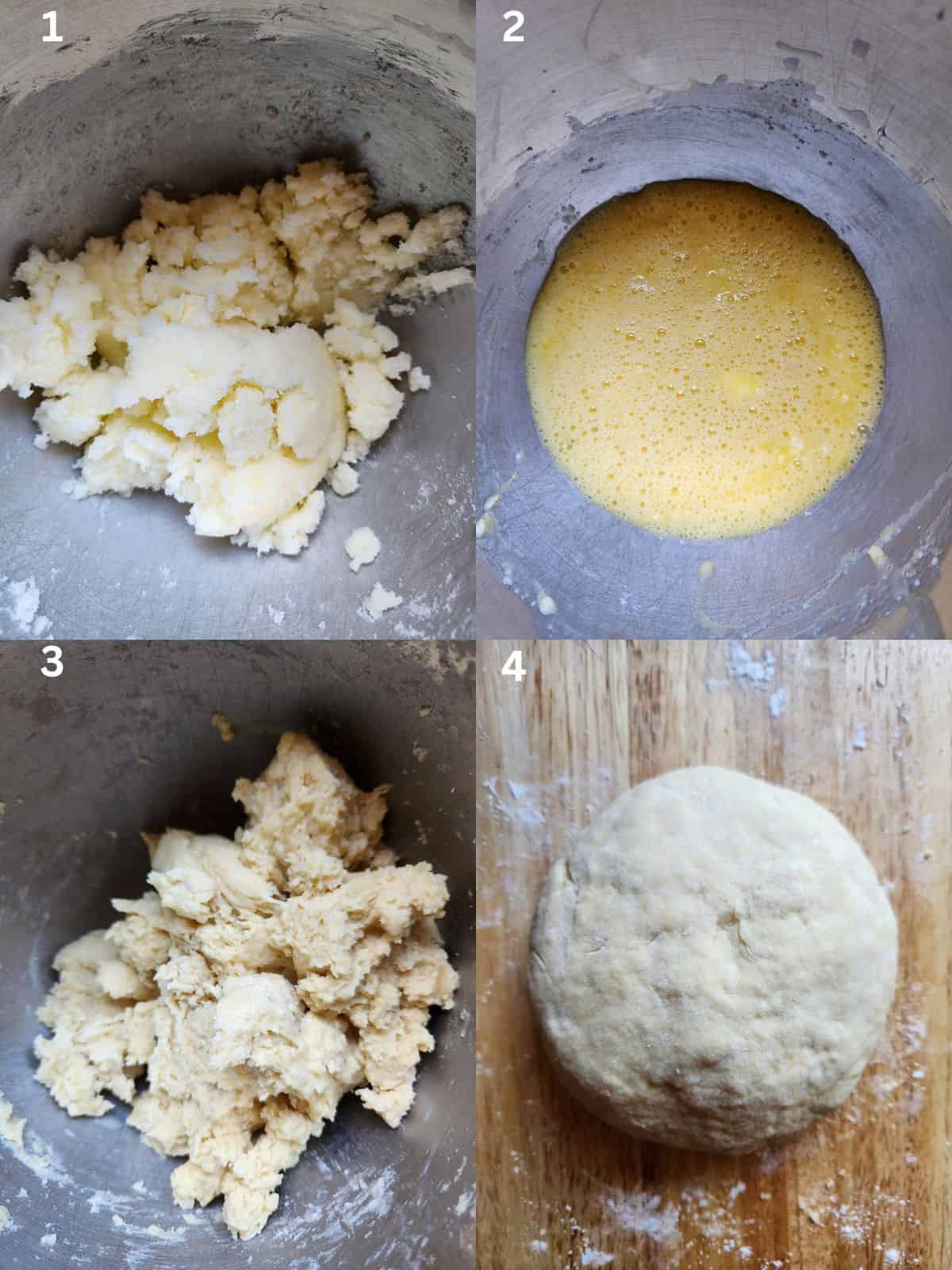 A four-picture collage showing the stages of dough in a stand mixer.