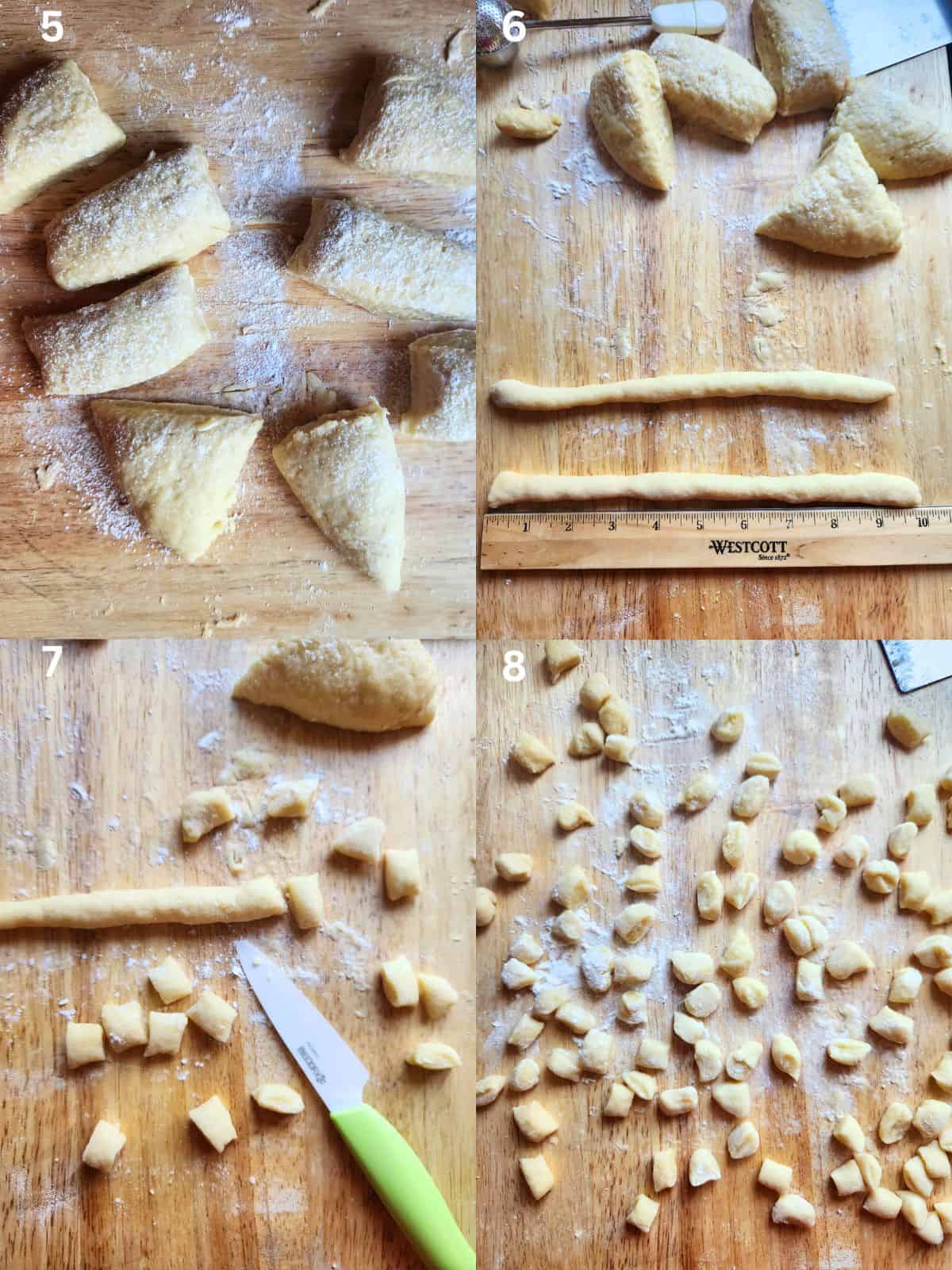 A four-picture collage showing how to roll and cut struffoli dough on a wooden board.