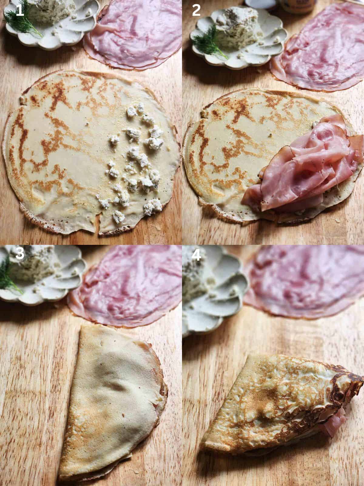 A collage of four pictures showing how to stuff and fold crepes.