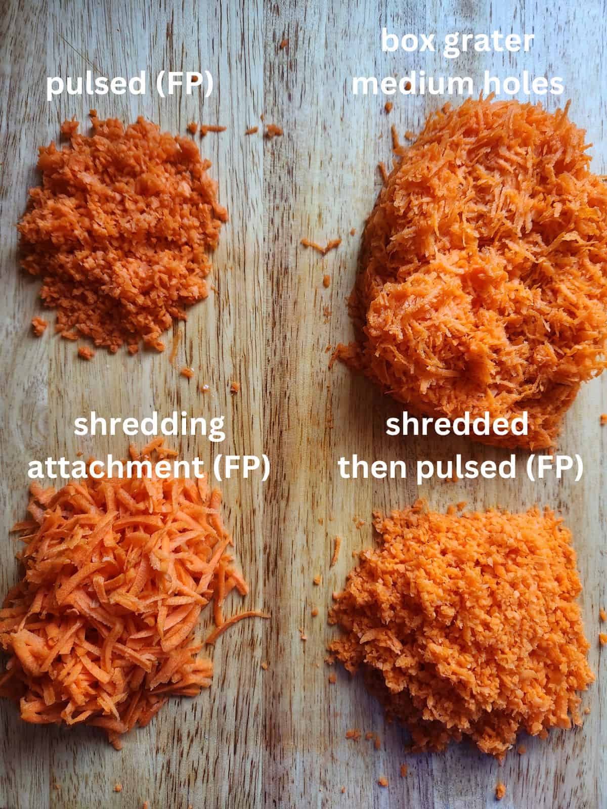 Shredded carrots shown four different ways on a wooden board.