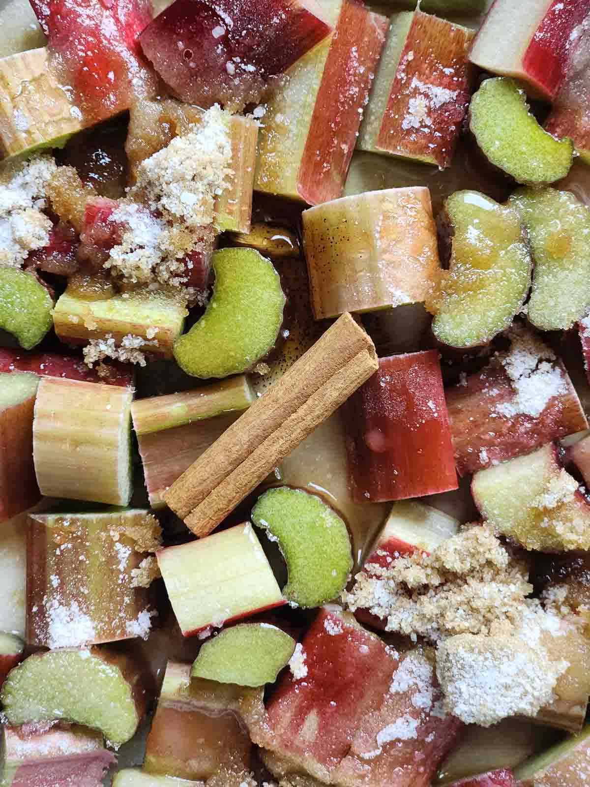 Overhead of cut rhubarb and spices in a pan.