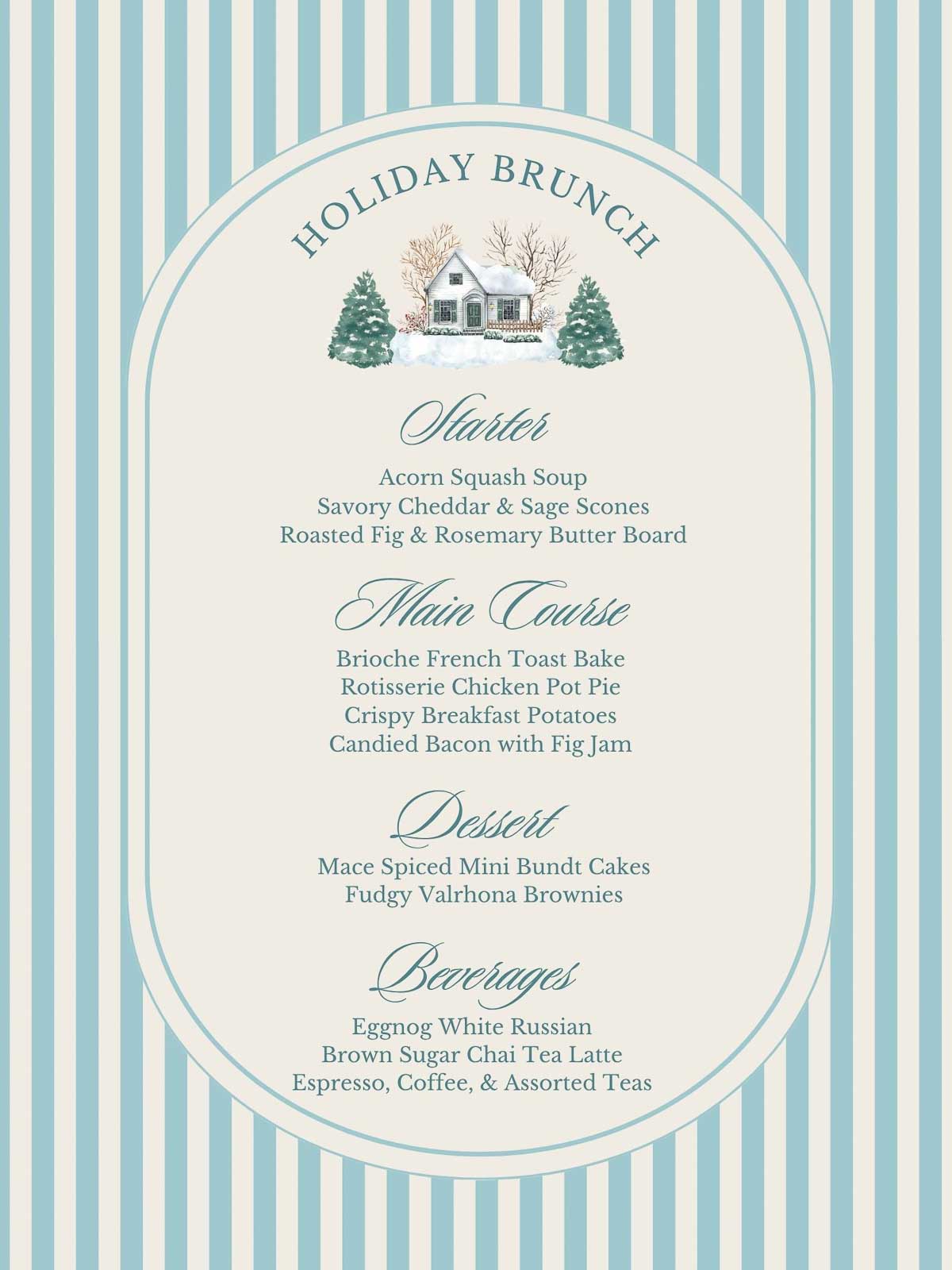 Sample holiday brunch menu with blue and white stripes.