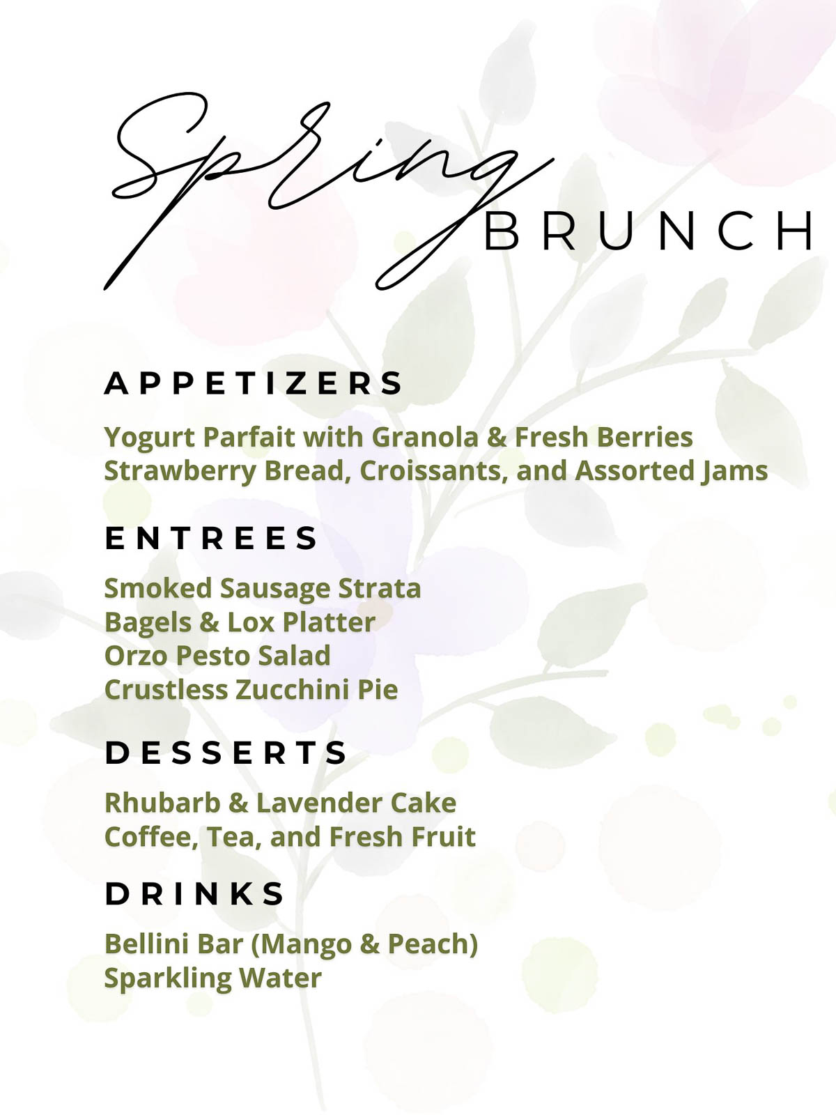 Sample spring or summer brunch menu on a white floral background.