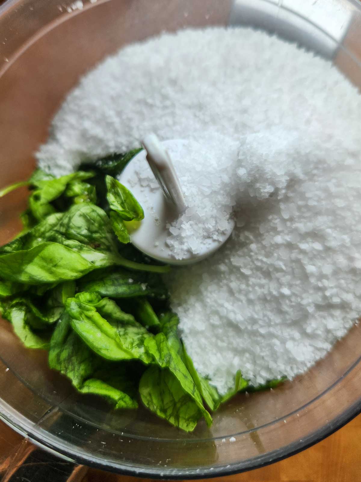 Overhead view of green basil and salt in a food processor.