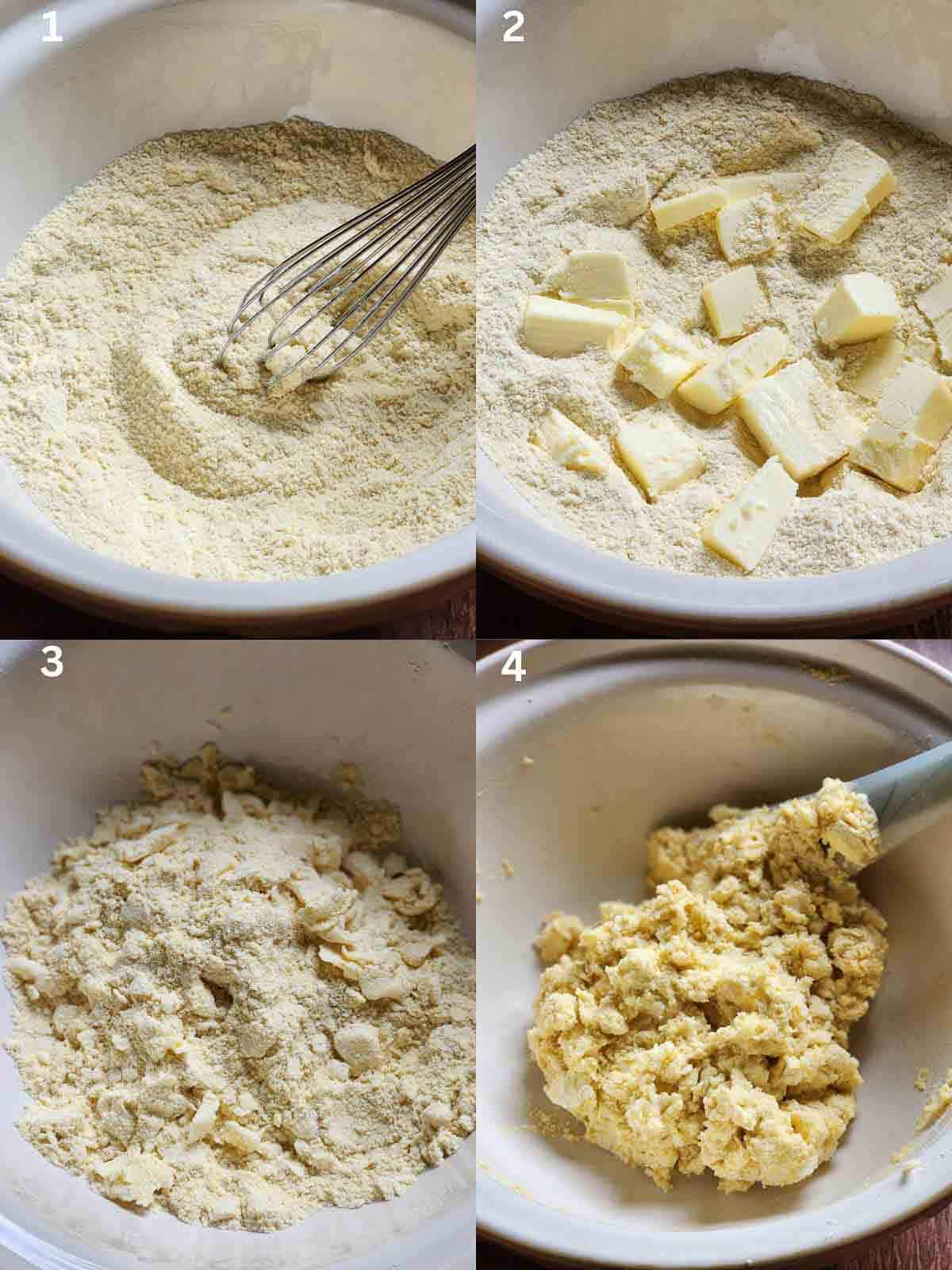 A four-picture collage showing how to mix butter into biscuit dough.